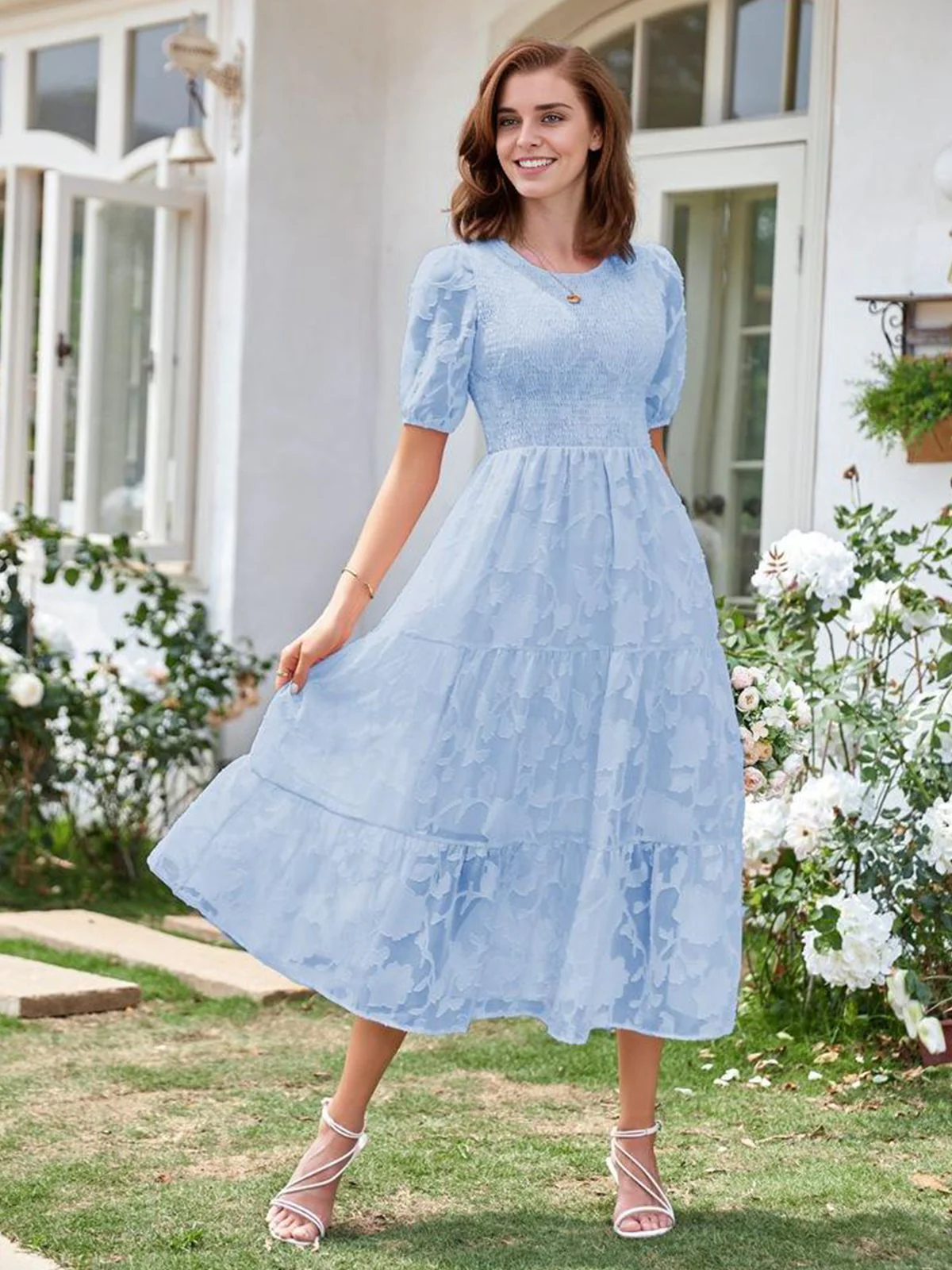1930s Round Neck Puff Sleeve Wrinkle Dress - Image 12
