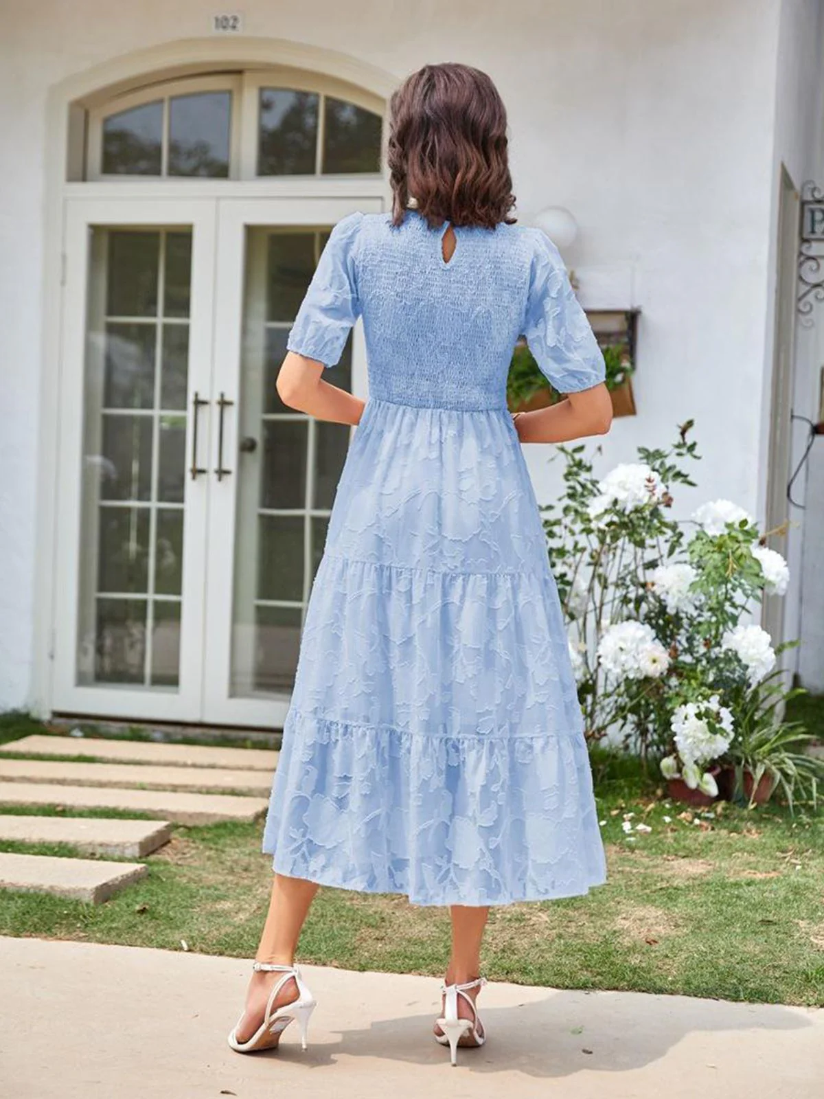 1930s Round Neck Puff Sleeve Wrinkle Dress - Image 14