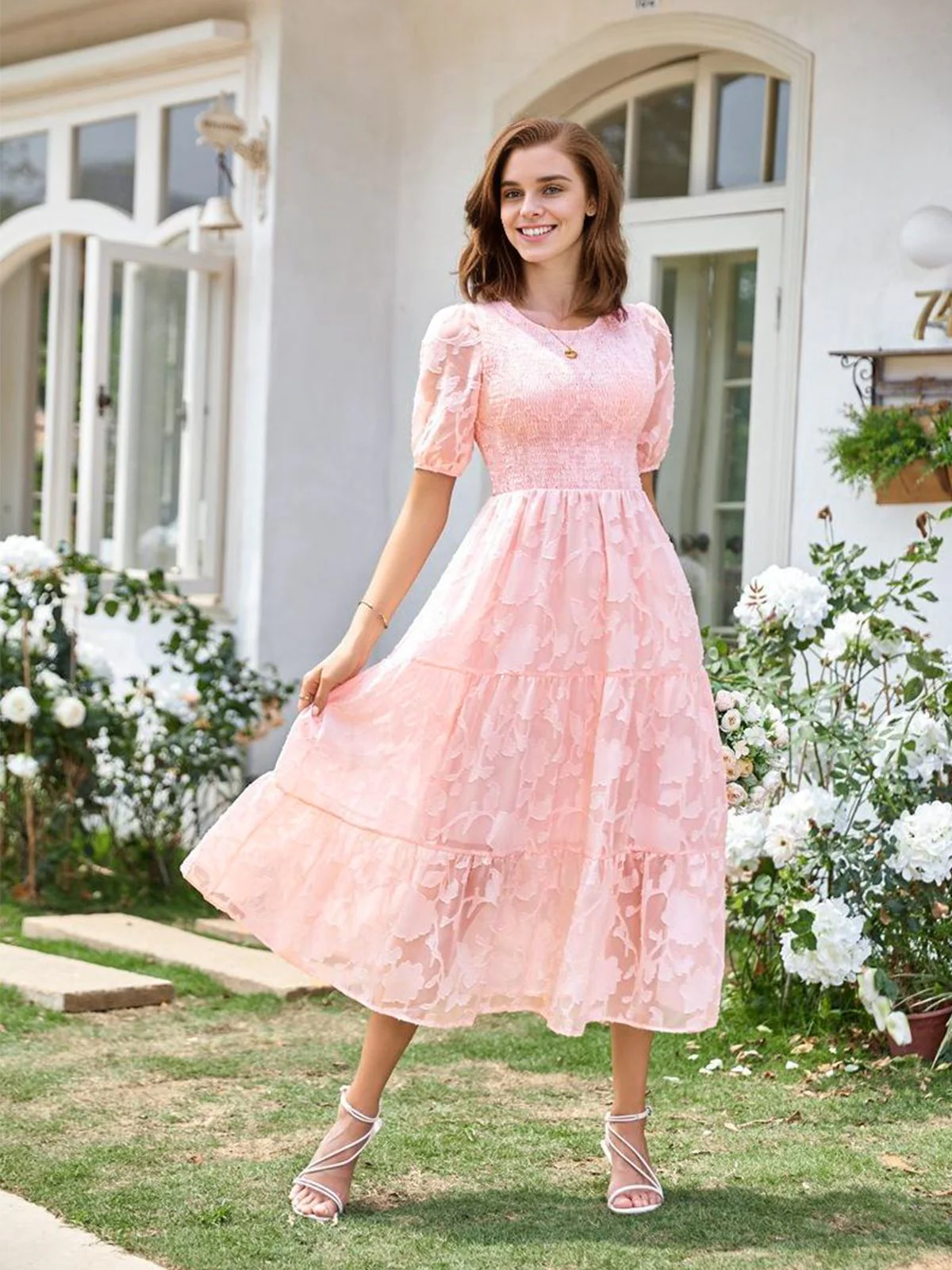 1930s Round Neck Puff Sleeve Wrinkle Dress - Image 2