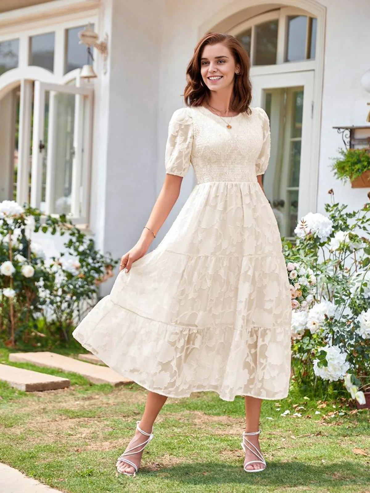 1930s Round Neck Puff Sleeve Wrinkle Dress - Image 27