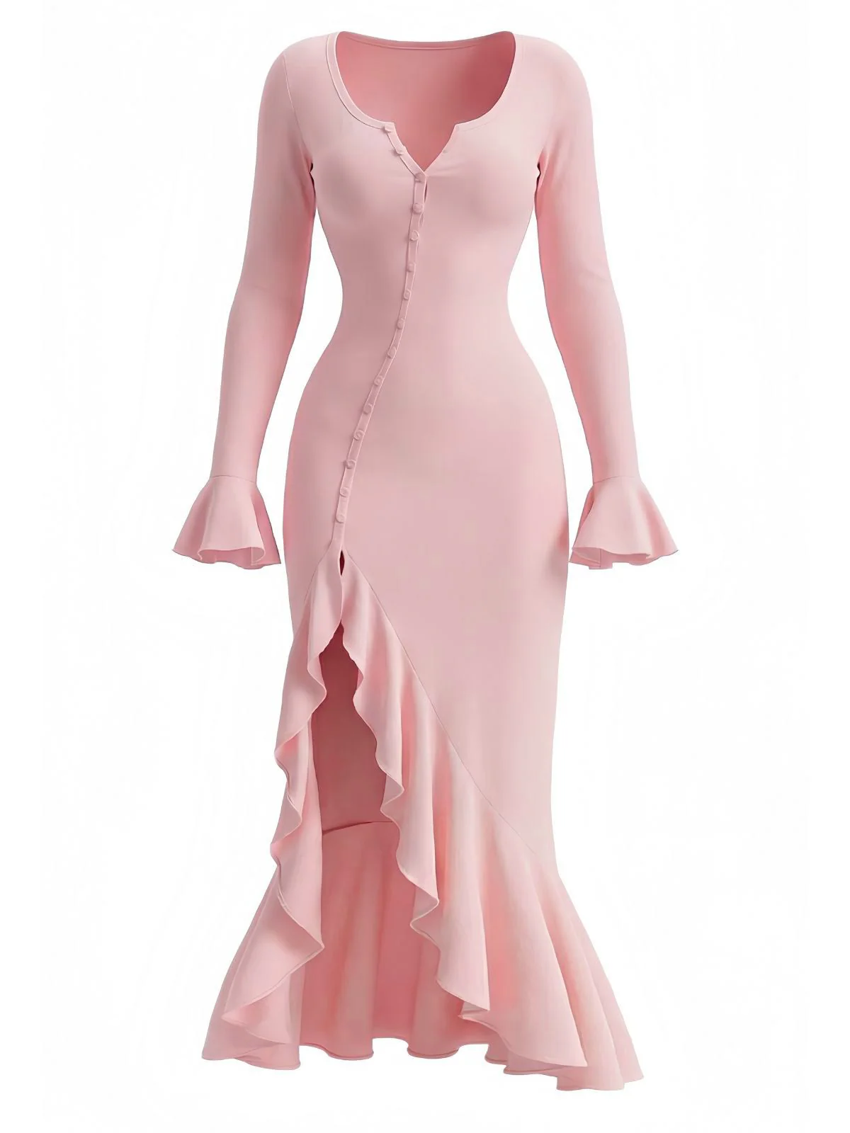 1930s Ruffled Button Side Slit Midi Dress - Image 2