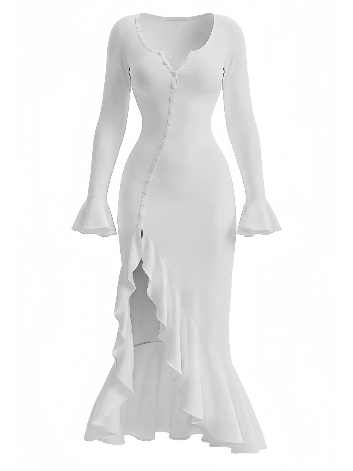 1930s Ruffled Button Side Slit Midi Dress - Image 5