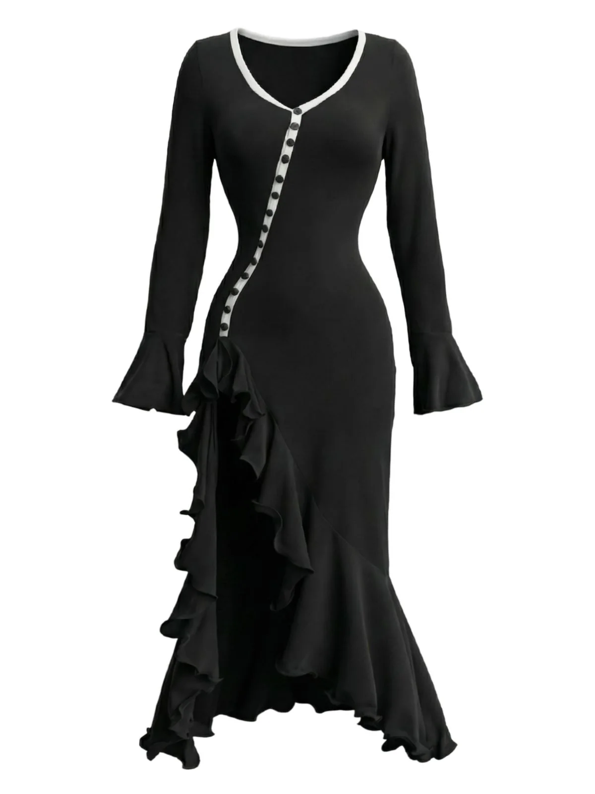 1930s Ruffled Button Side Slit Midi Dress - Image 7