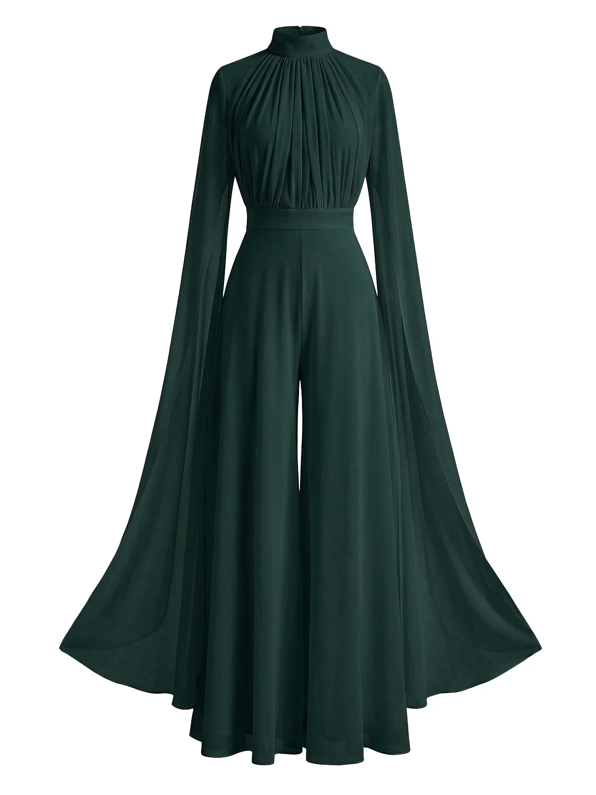 1930s Satin Long Sleeve Ruffled Hem Ruched Jumpsuit - Image 2