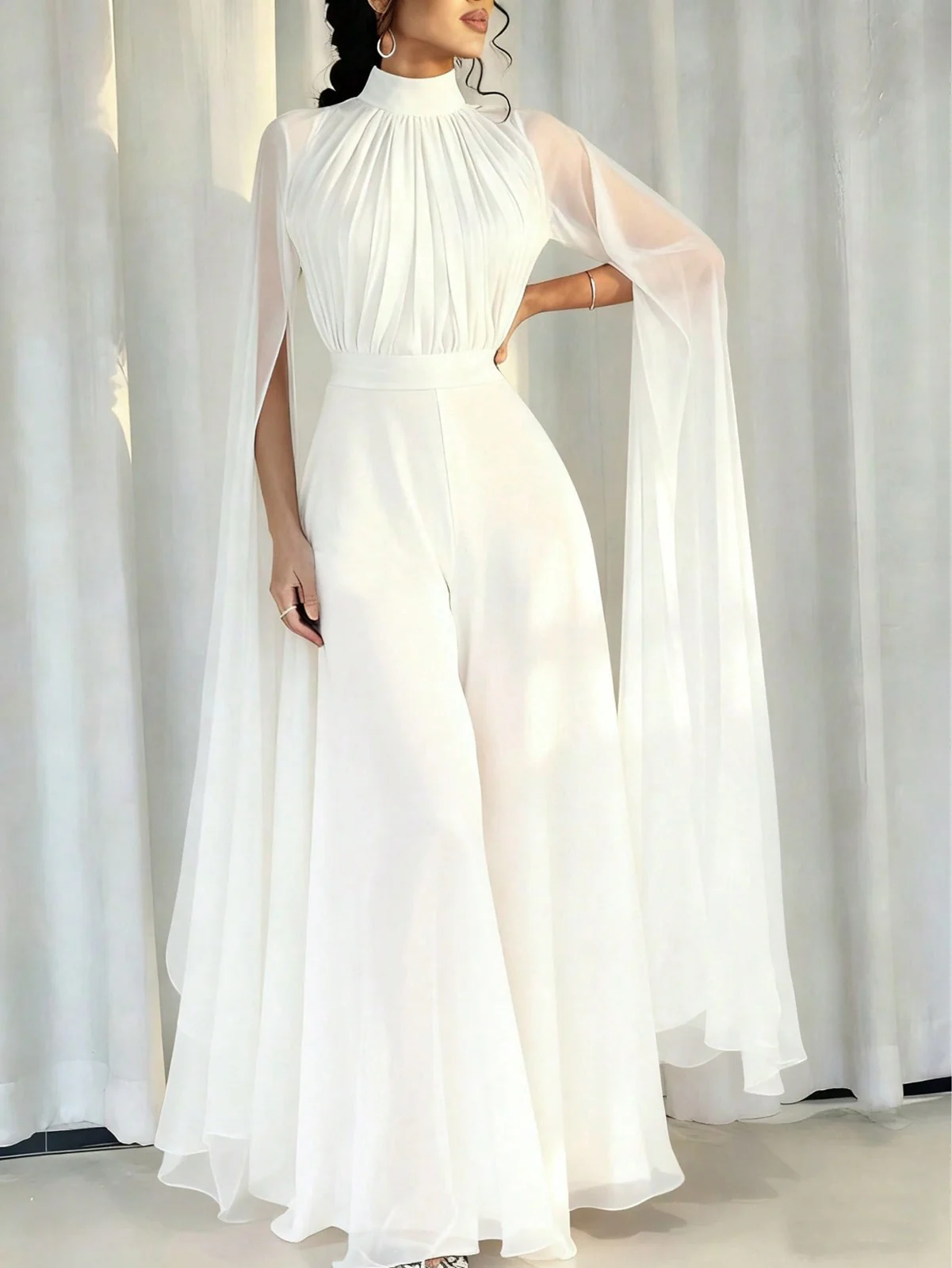 1930s Satin Long Sleeve Ruffled Hem Ruched Jumpsuit - Image 5