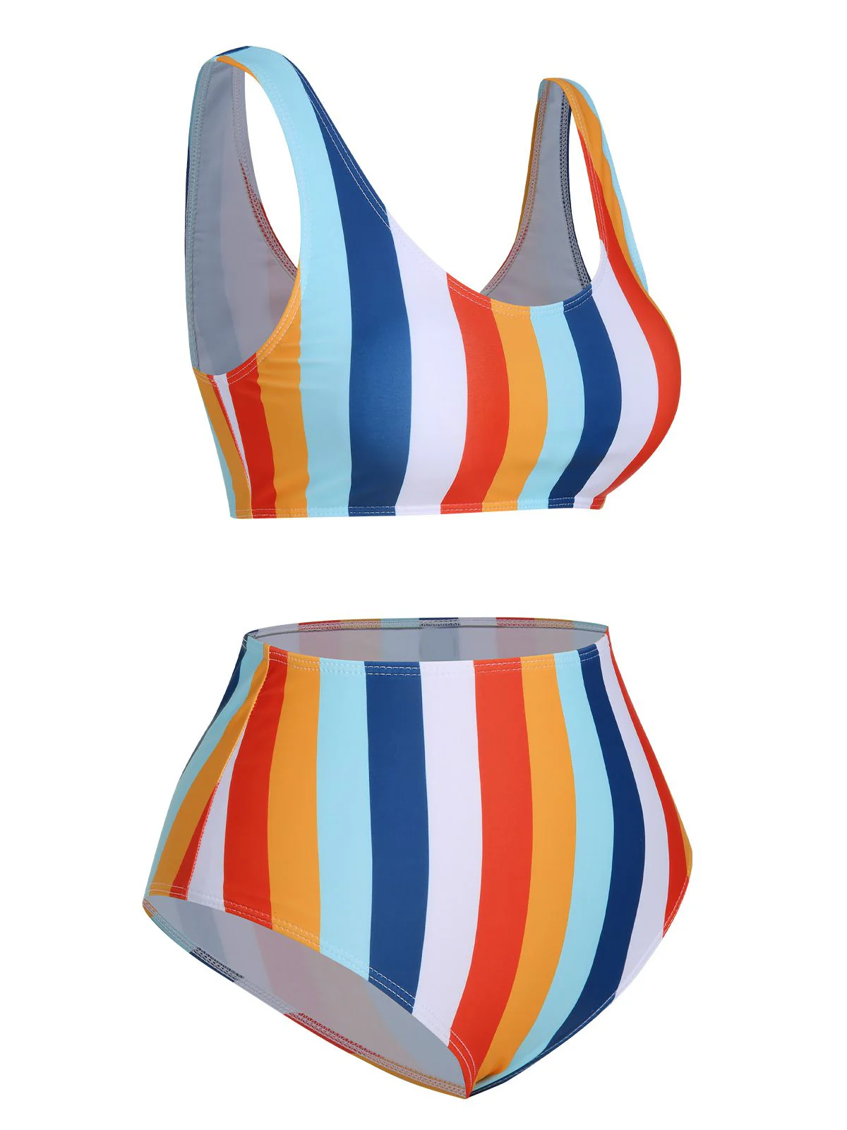 1930s Scoop Neck Rainbow Striped Swimsuit Set - Image 2