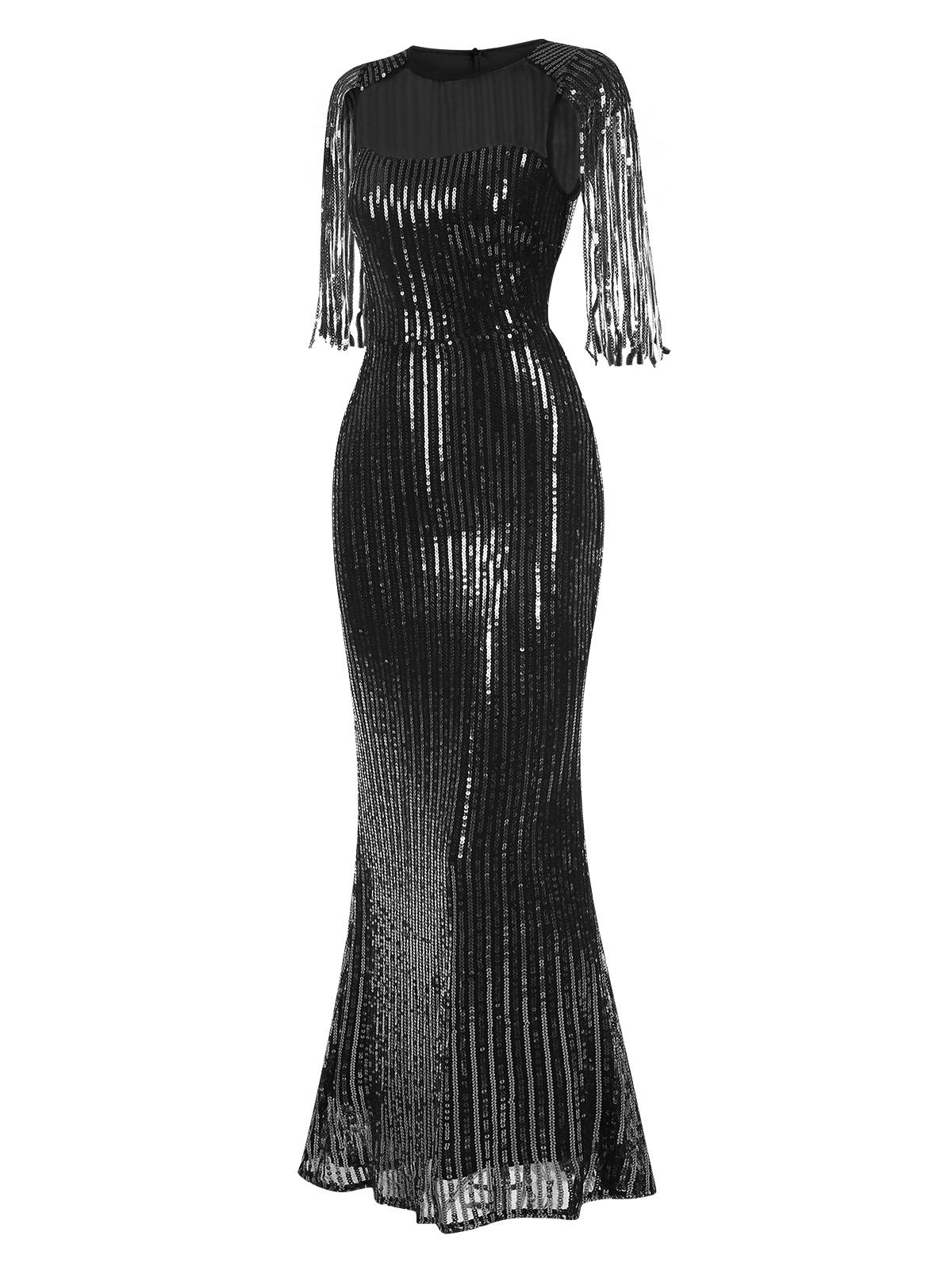 1930s Sequined Tassels Mesh Patchwork Dress - Image 10