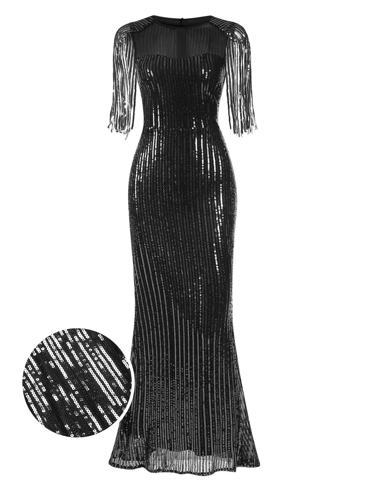 1930s Sequined Tassels Mesh Patchwork Dress - Image 7