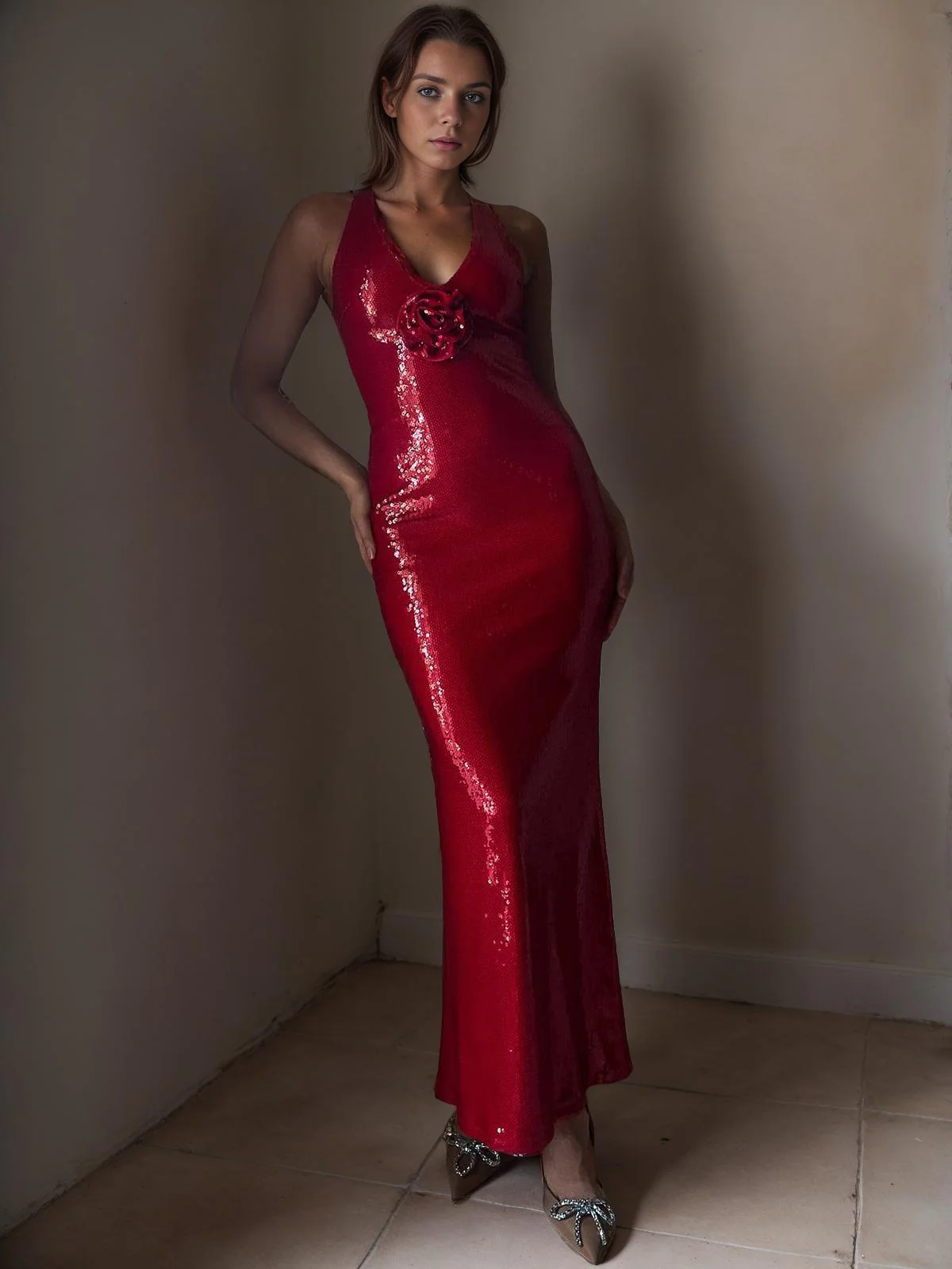 1930s Sequined V-Neck 3D Flower Dress - Image 15