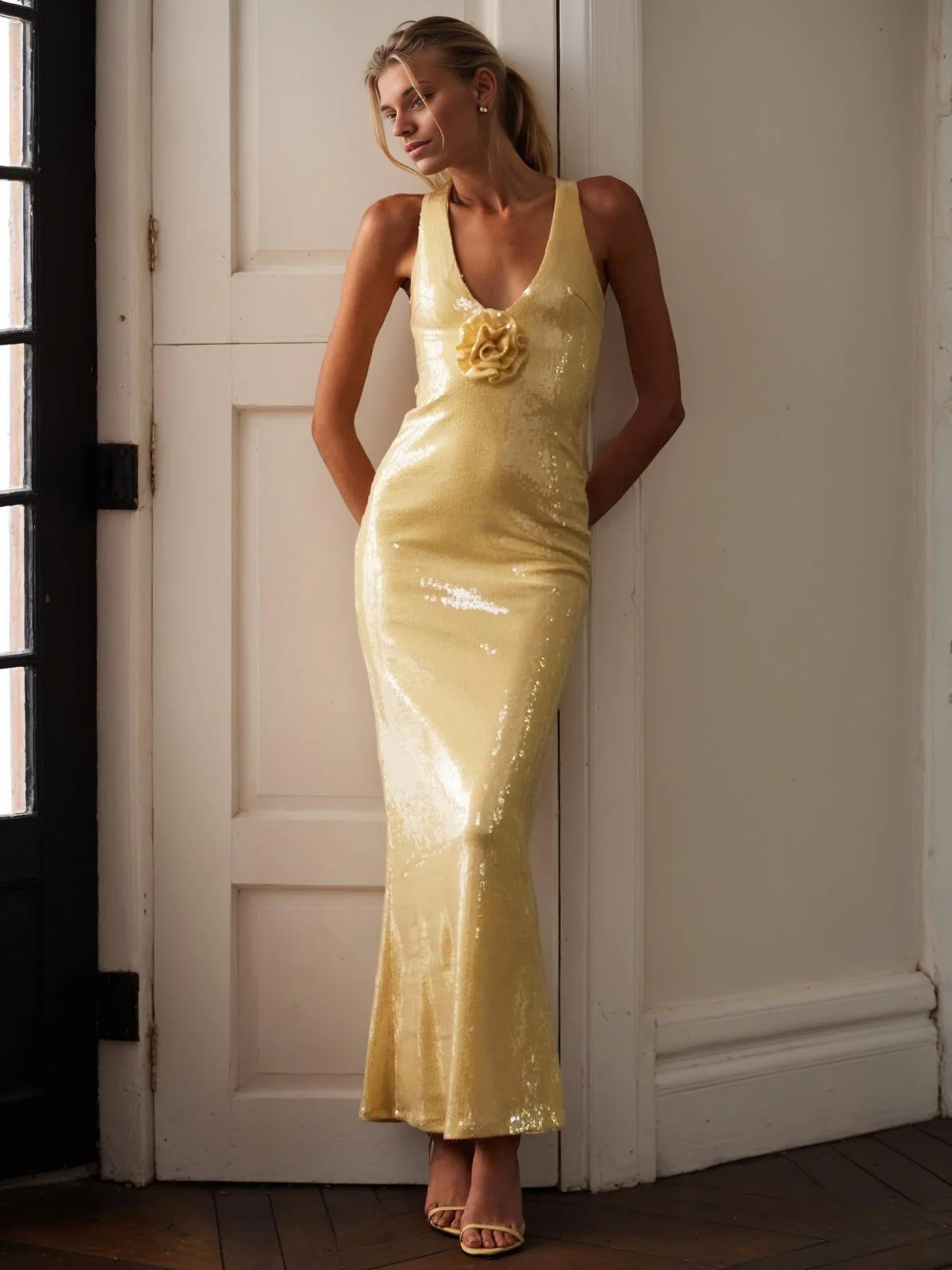 1930s Sequined V-Neck 3D Flower Dress - Image 6