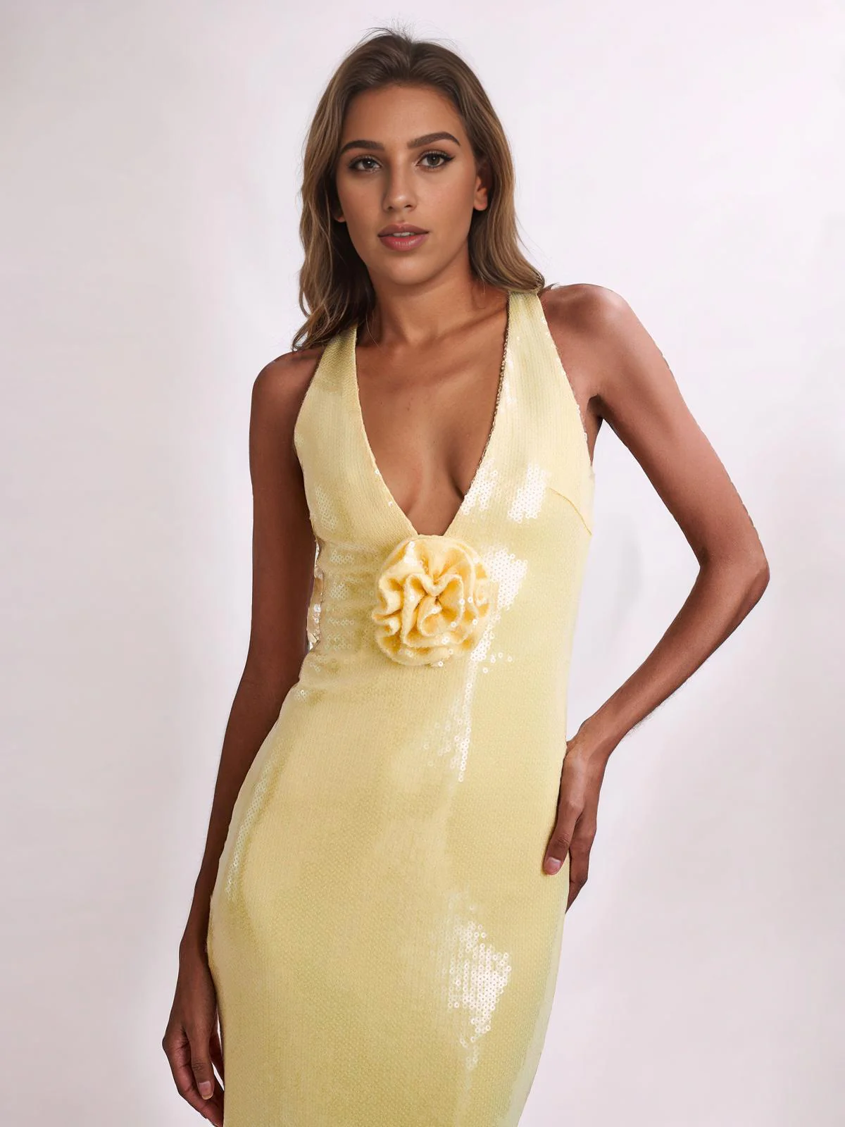1930s Sequined V-Neck 3D Flower Dress - Image 7