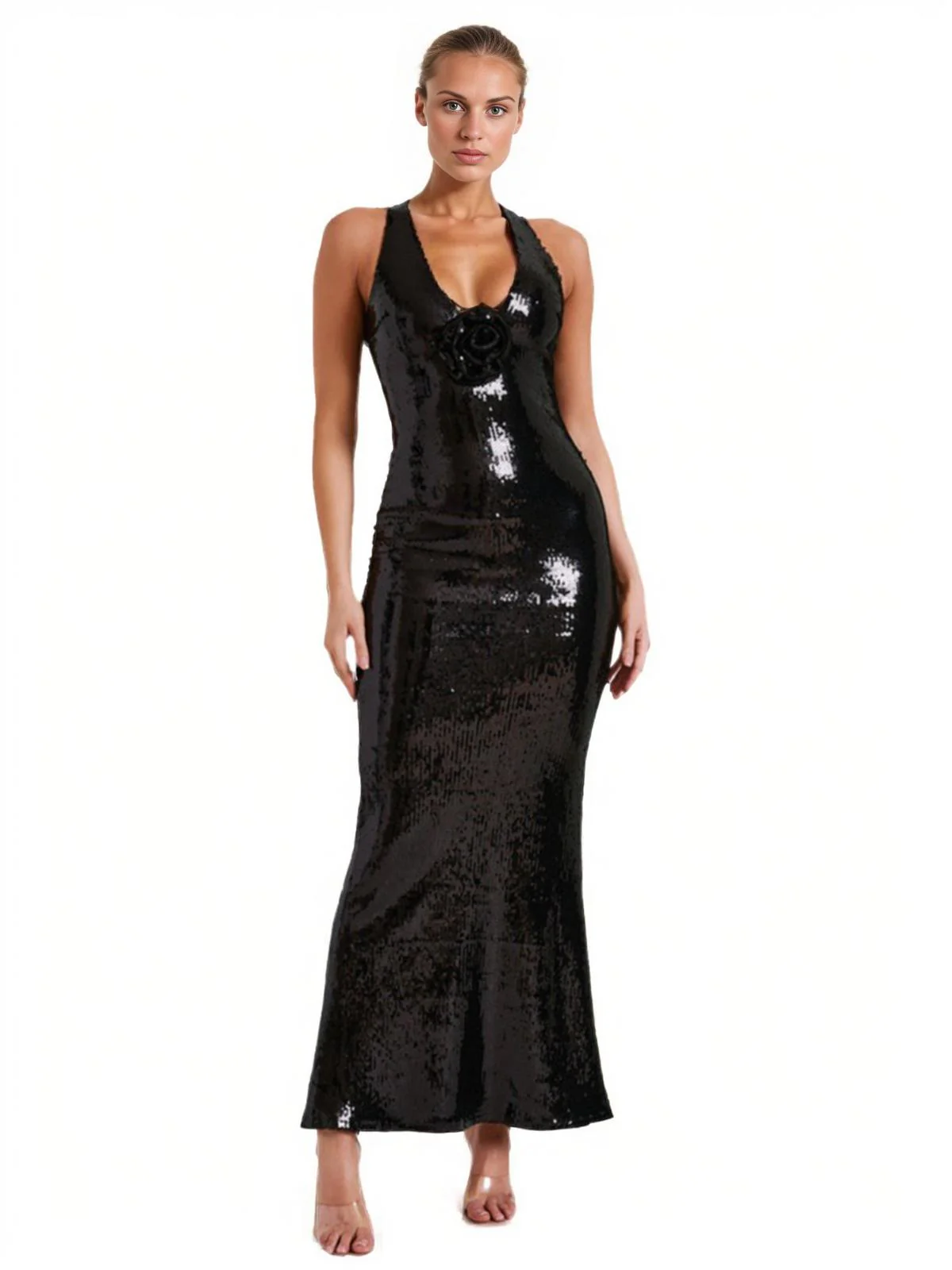 1930s Sequined V-Neck 3D Flower Dress - Image 8