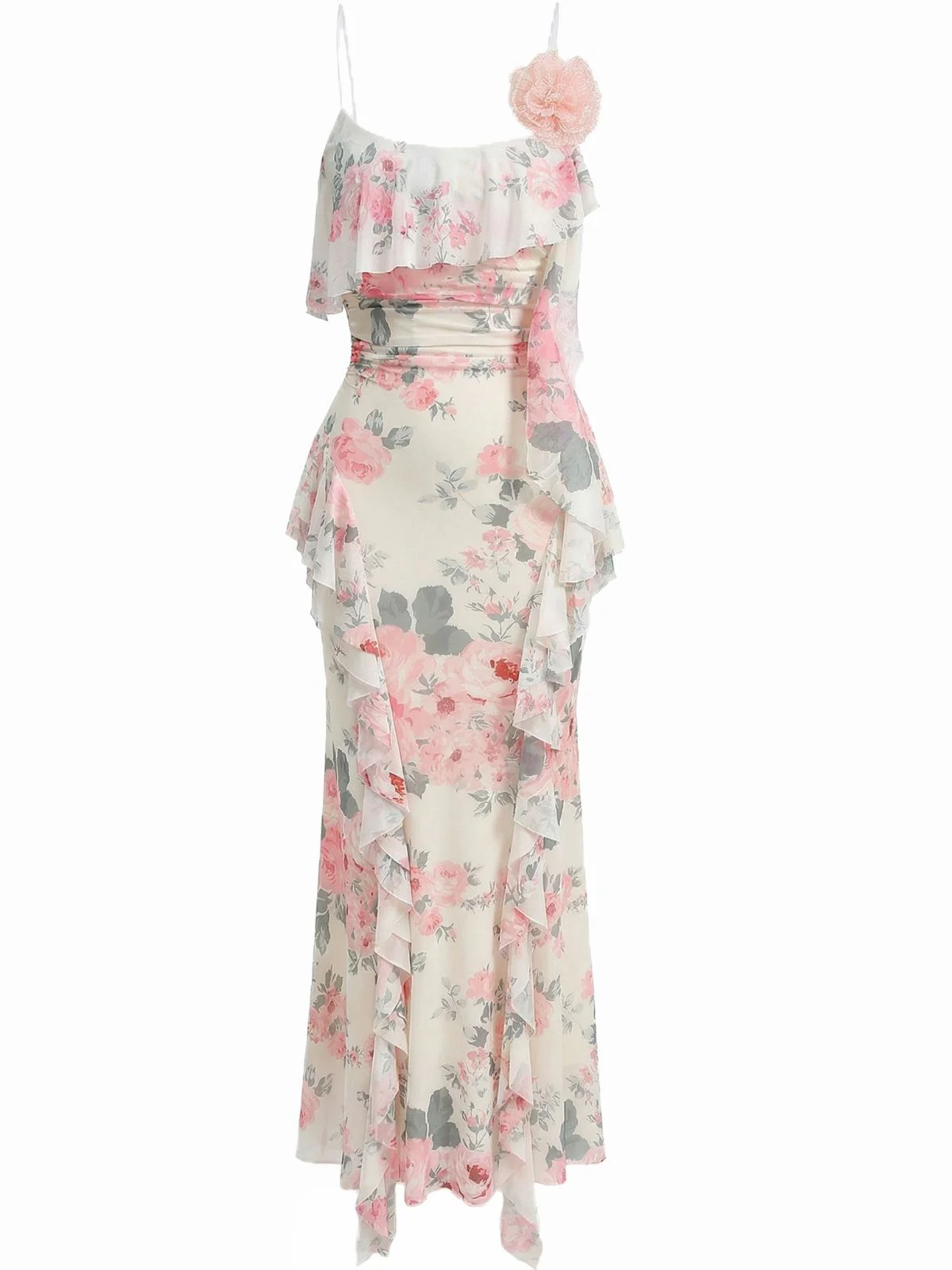1930s Slip 3D Floral Ruffles Mesh Maxi Dress - Image 2