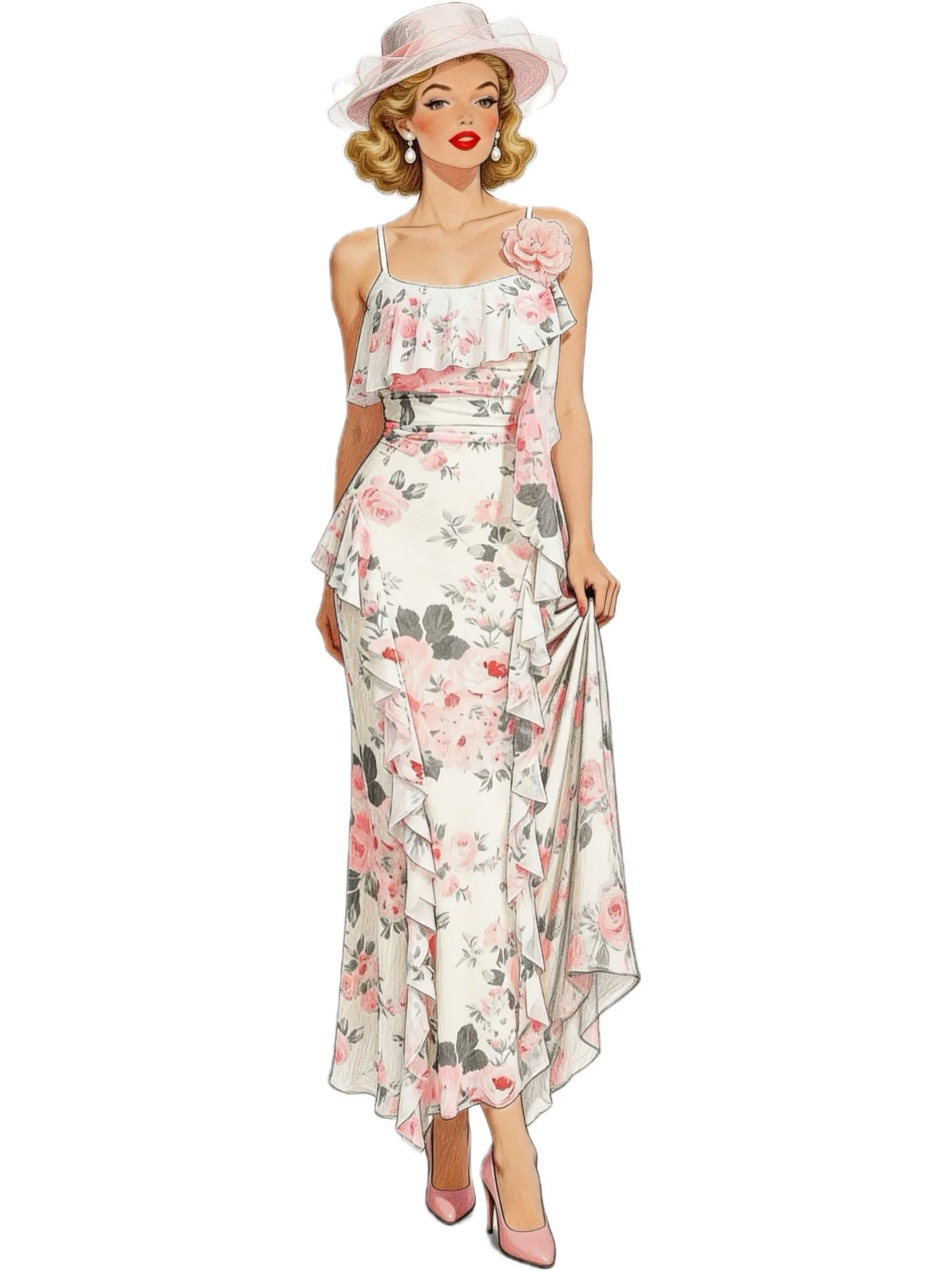 1930s Slip 3D Floral Ruffles Mesh Maxi Dress - Image 4