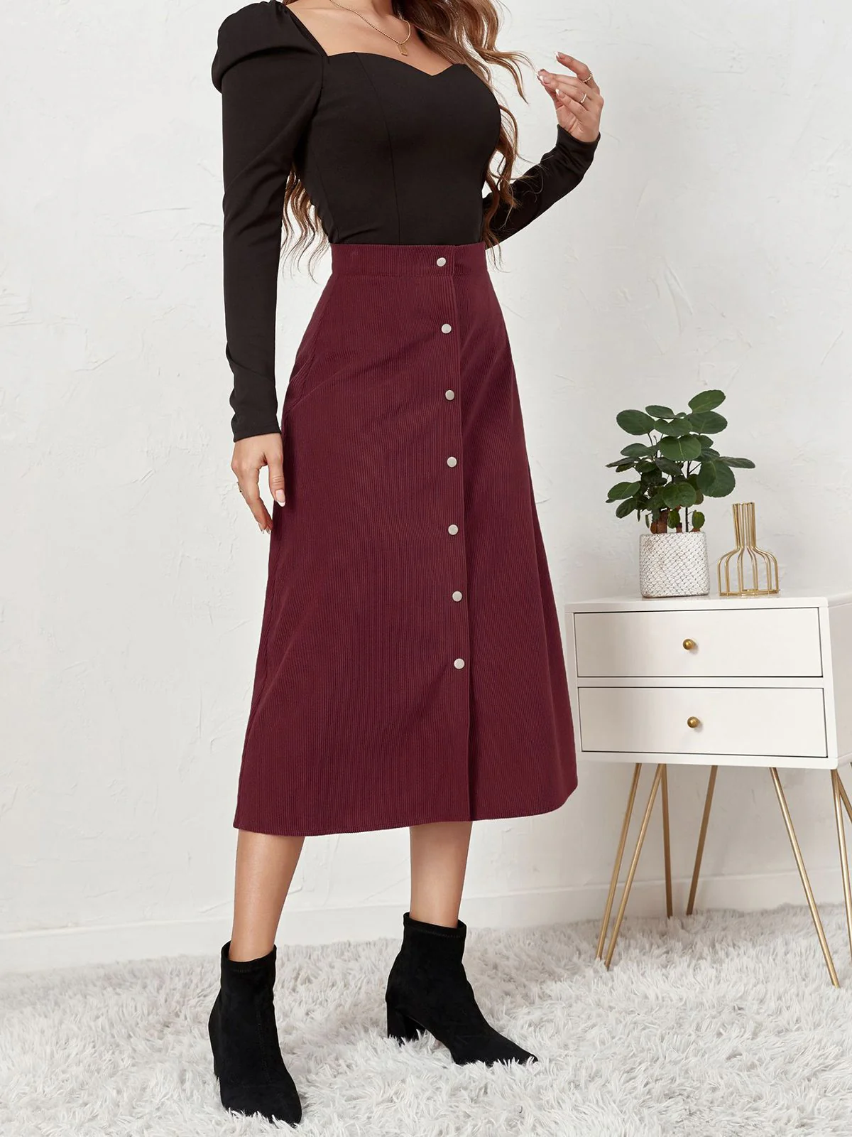 1930s Solid Buttoned Corduroy A-Line Skirt - Image 5
