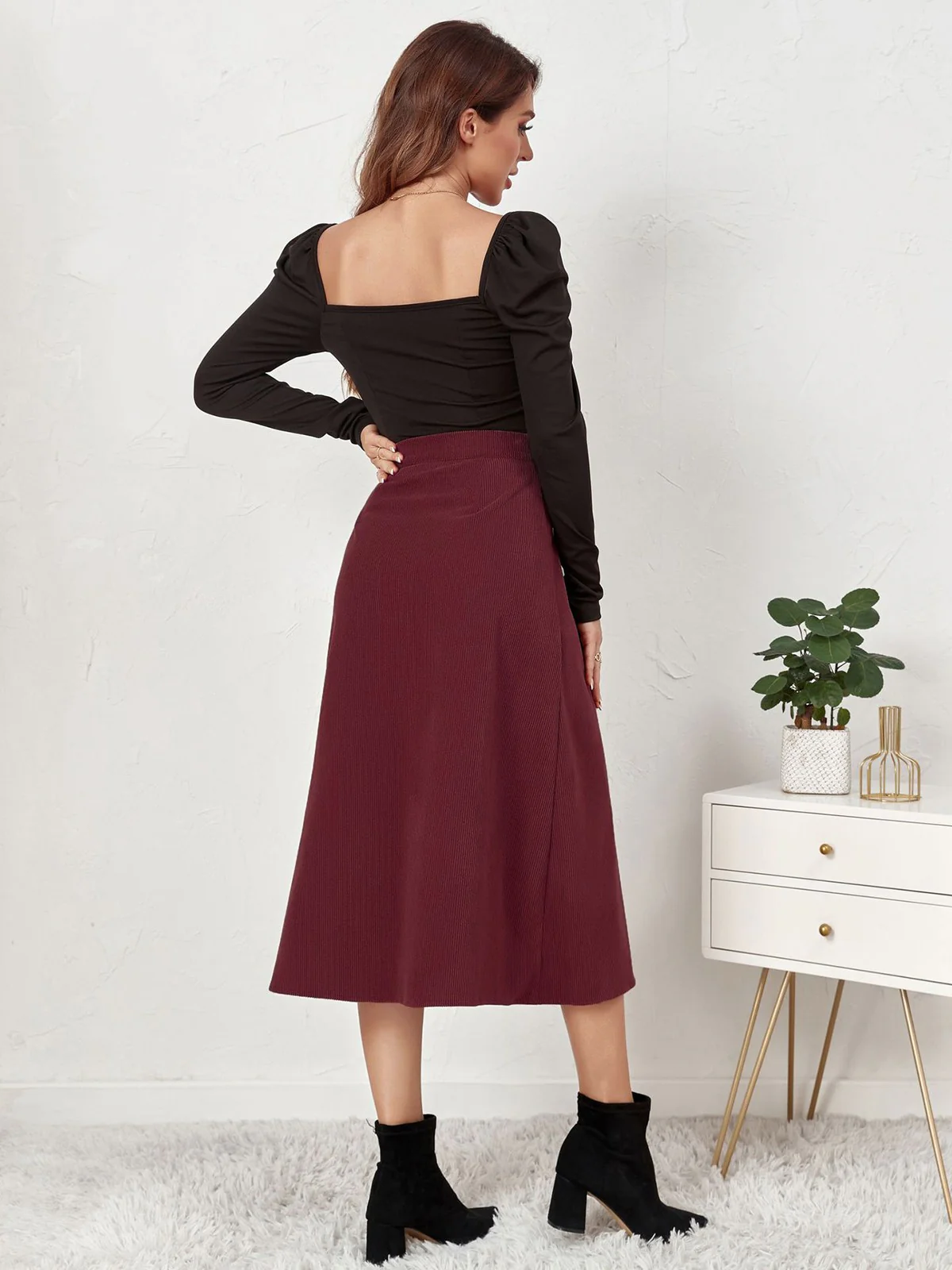 1930s Solid Buttoned Corduroy A-Line Skirt - Image 6