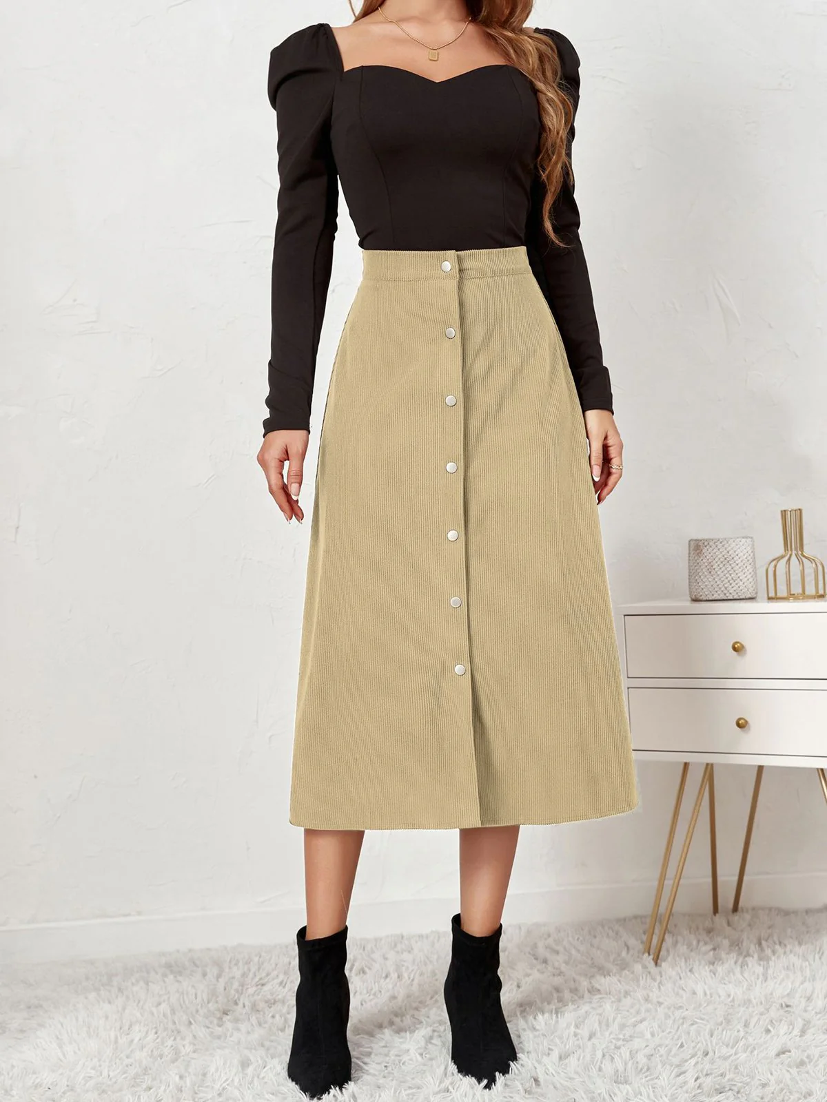 1930s Solid Buttoned Corduroy A-Line Skirt - Image 7