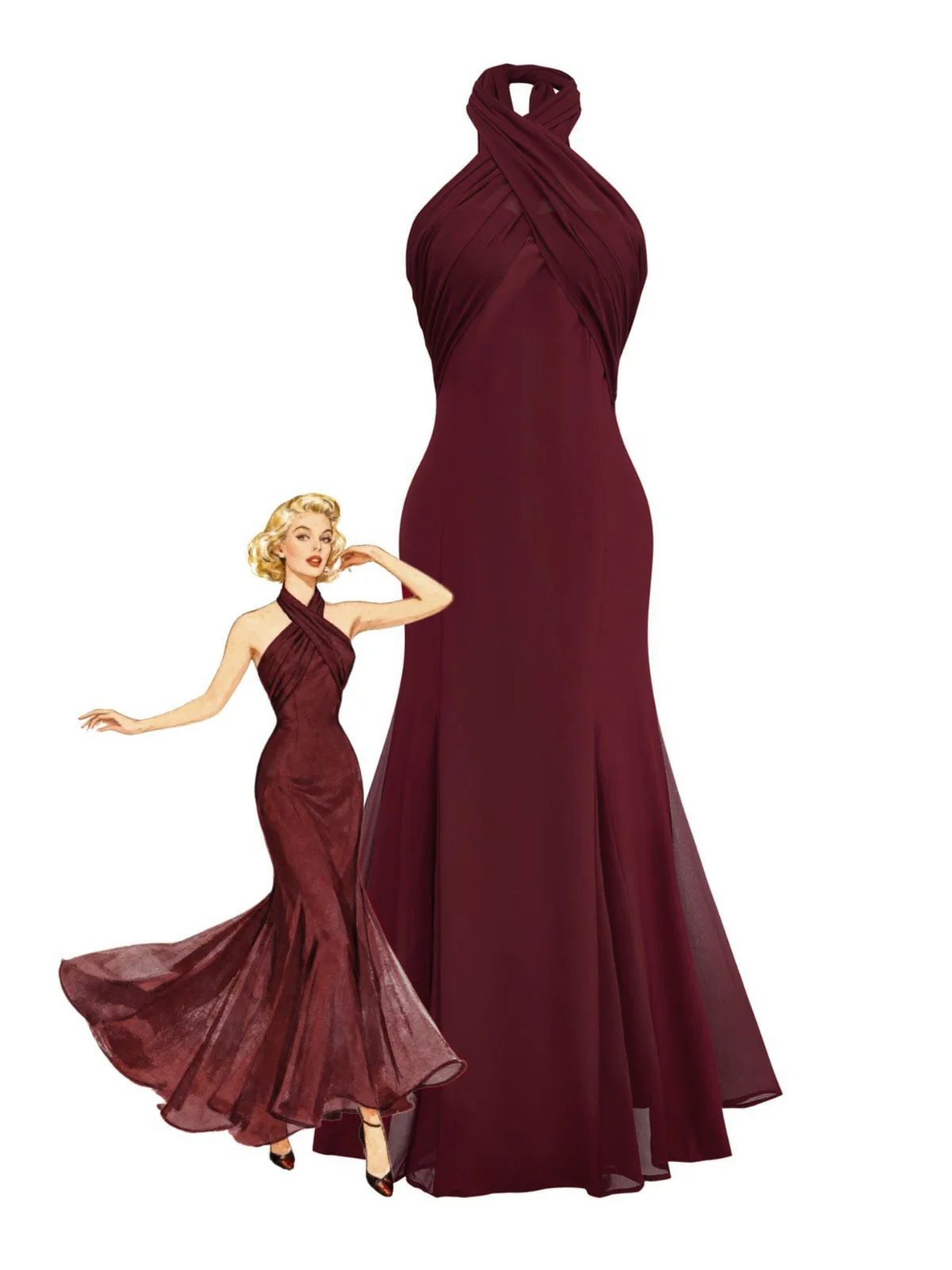 1930s Solid Chiffon Criss Cross Strapless Convertible Dress - Image 4