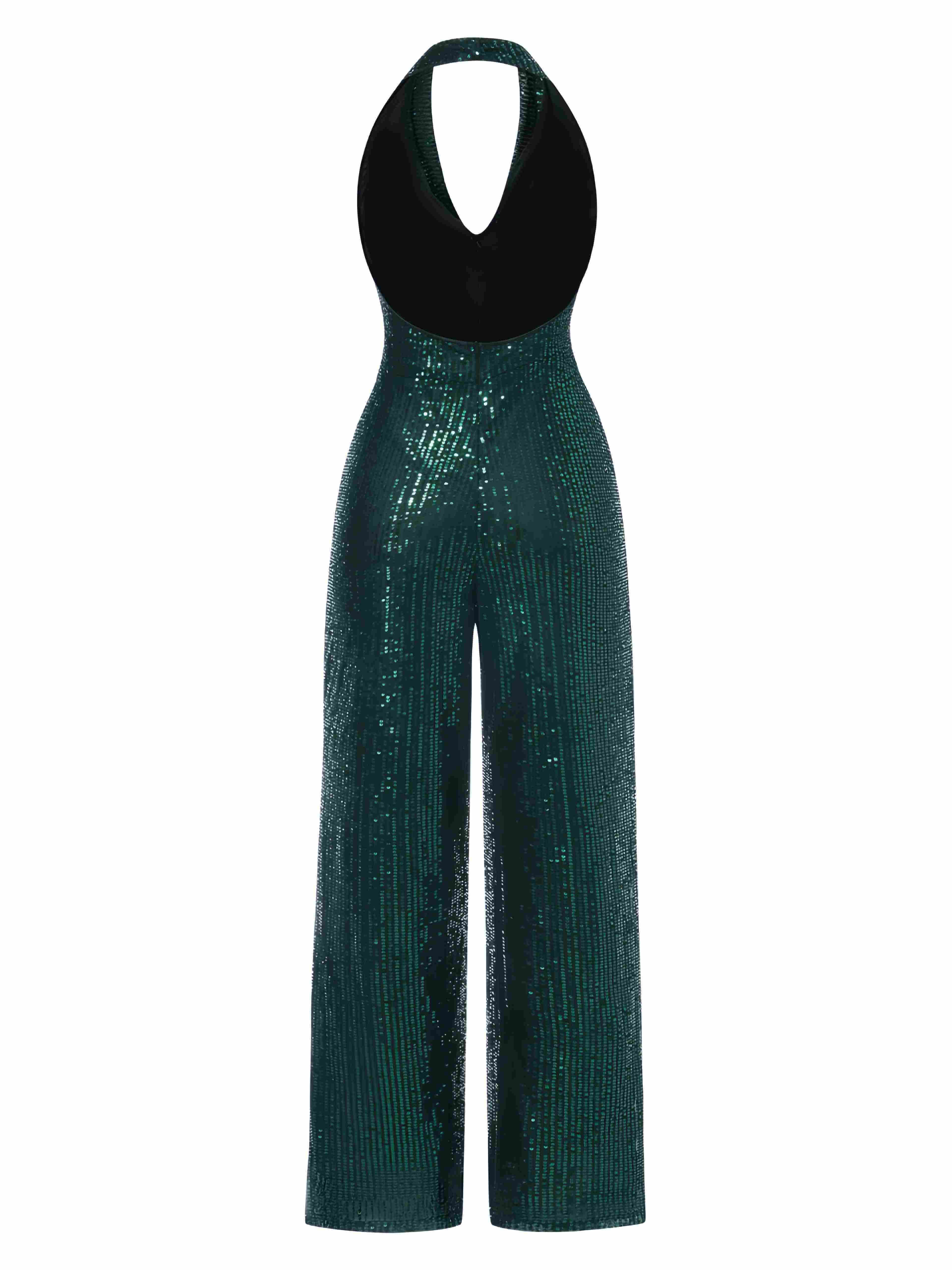 1970s Solid Cowl Neck Halter Sequined Jumpsuit - Image 2