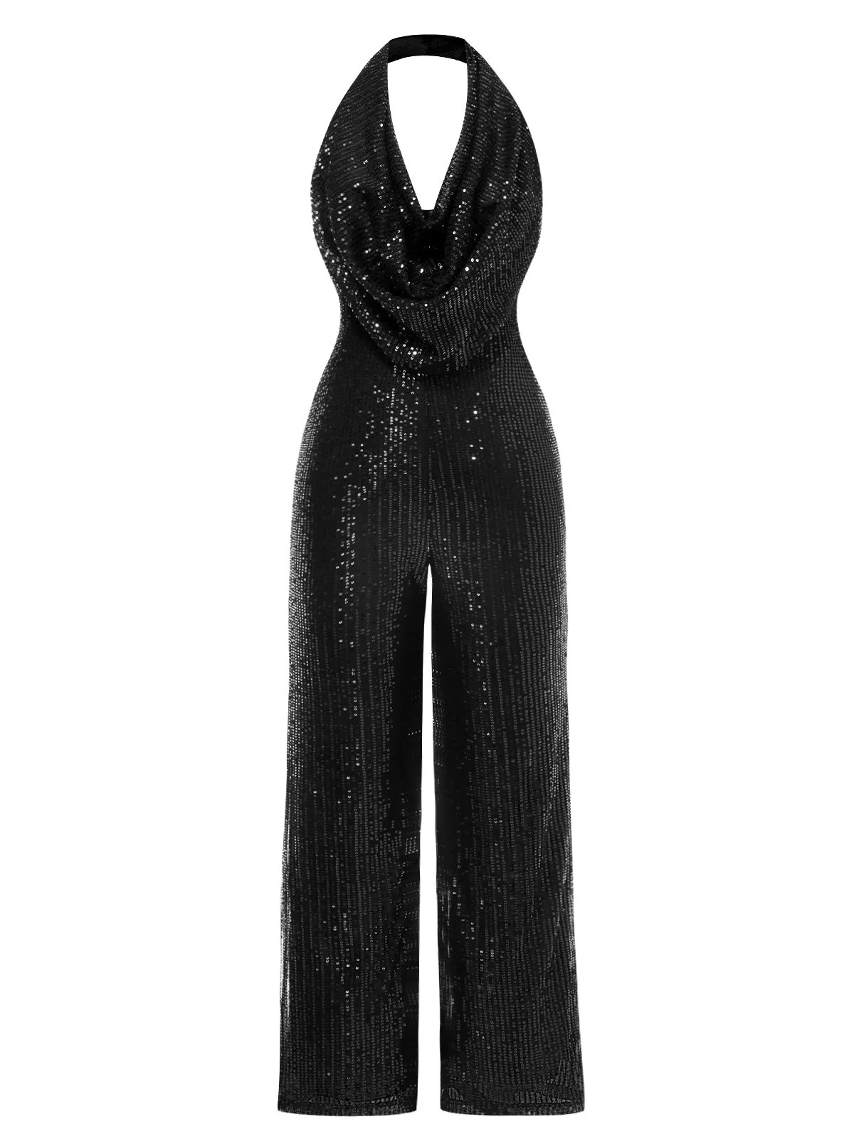 1970s Solid Cowl Neck Halter Sequined Jumpsuit - Image 6