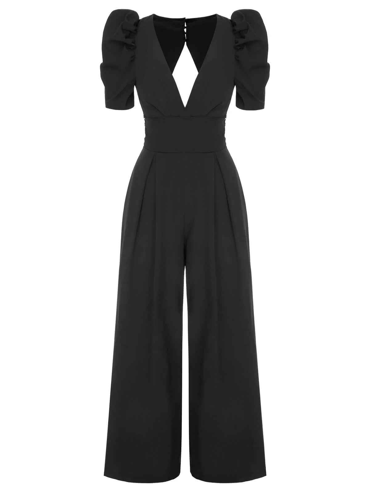 1930s Solid Deep V Puff Sleeves Jumpsuit - Image 2