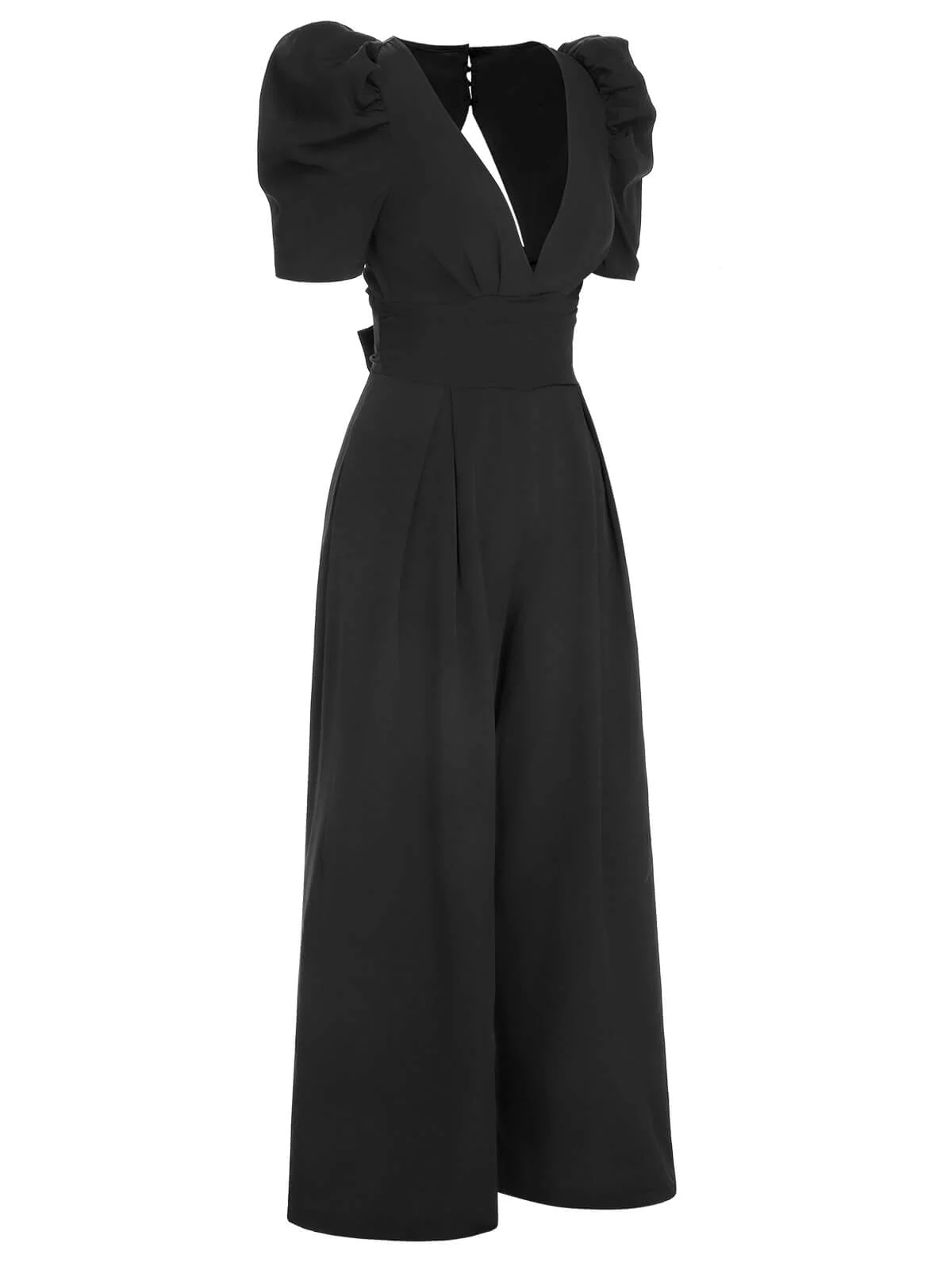 1930s Solid Deep V Puff Sleeves Jumpsuit - Image 3