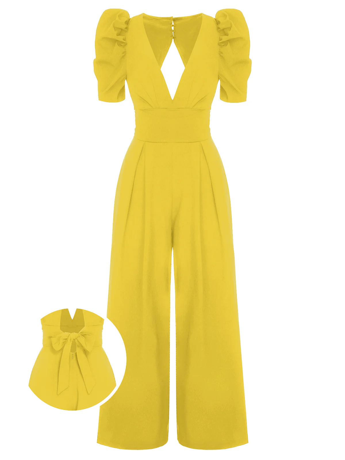 1930s Solid Deep V Puff Sleeves Jumpsuit - Image 12