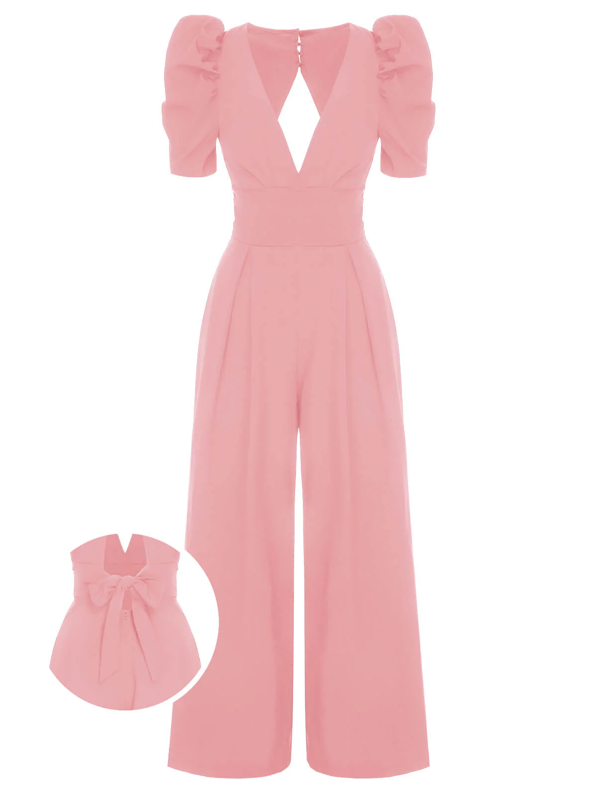 1930s Solid Deep V Puff Sleeves Jumpsuit - Image 8