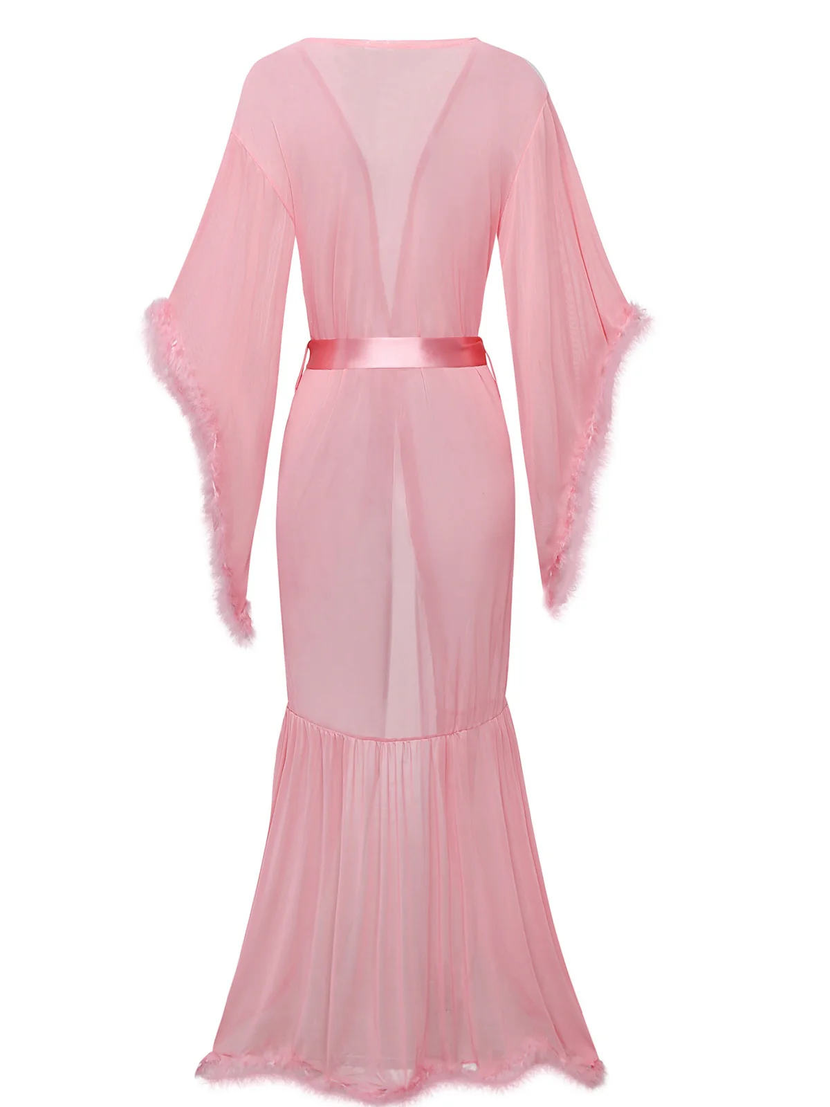 1930s Solid Feather Trim Lace-Up Mesh Robe - Image 2
