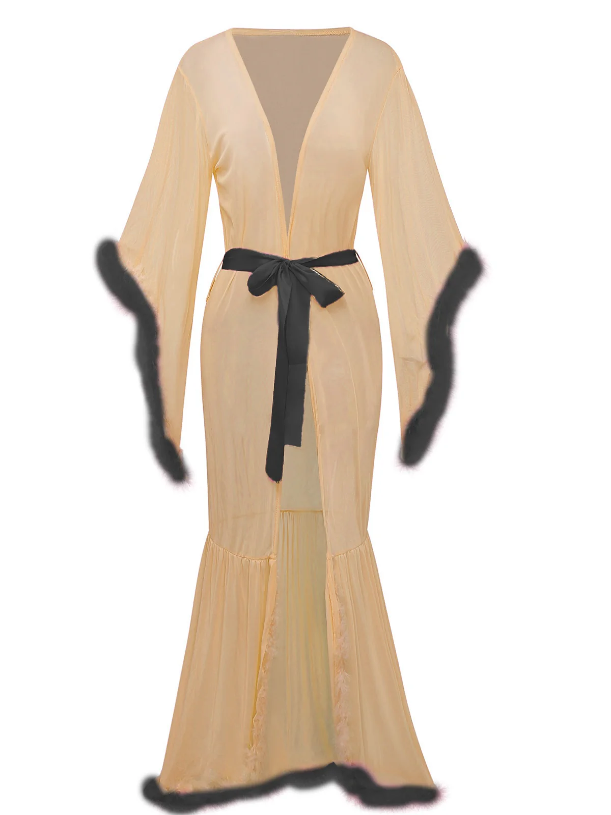 1930s Solid Feather Trim Lace-Up Mesh Robe - Image 6