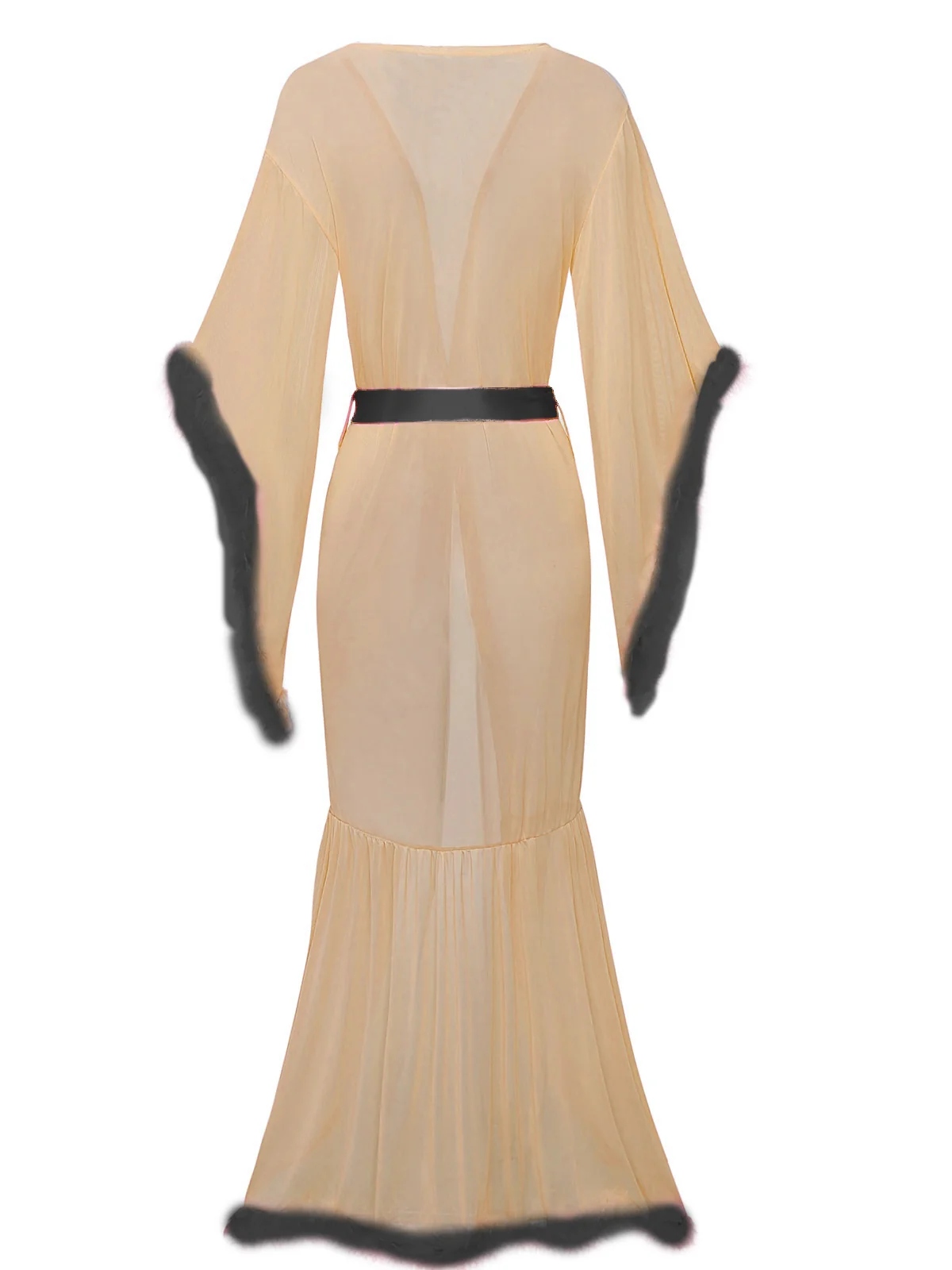1930s Solid Feather Trim Lace-Up Mesh Robe - Image 7