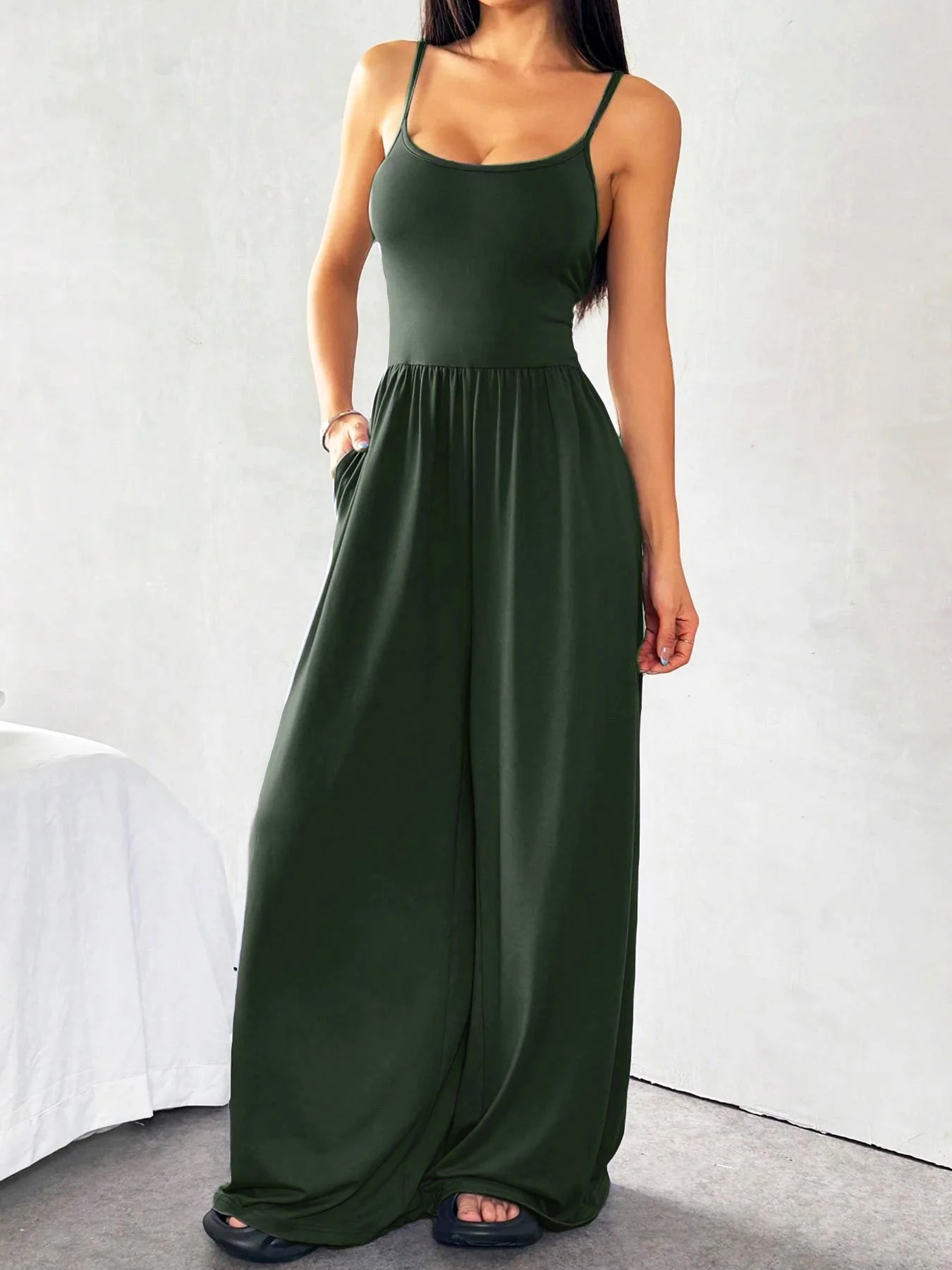 1930s Solid Knitted Spaghetti Straps Wide-Leg Jumpsuit - Image 4