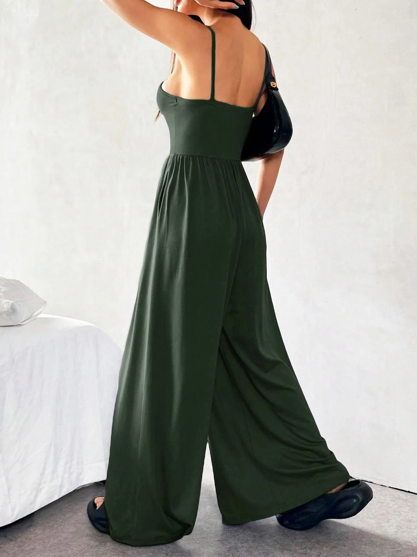 1930s Solid Knitted Spaghetti Straps Wide-Leg Jumpsuit - Image 5