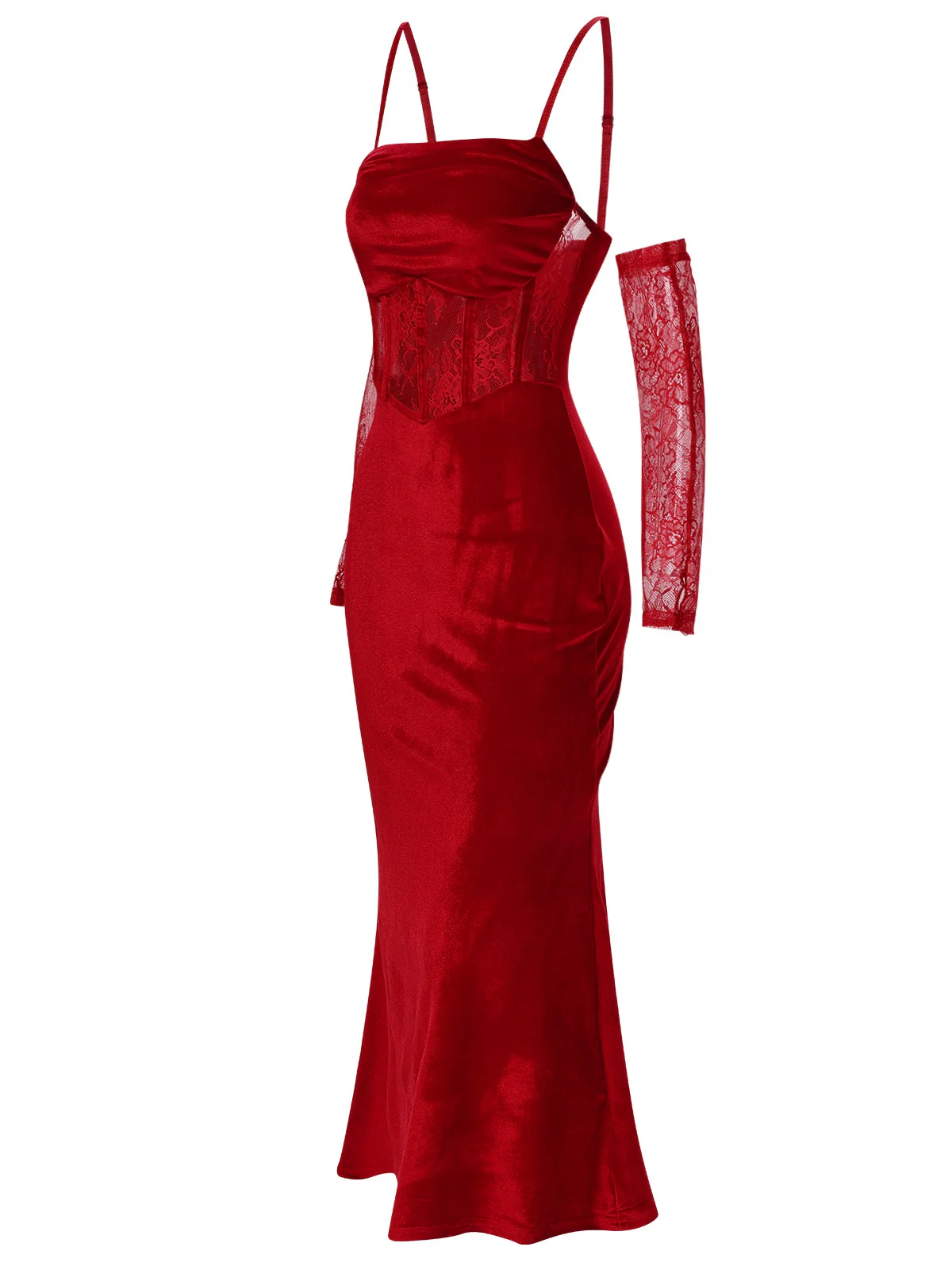 1930s Solid Lace Patchwork Velvet Fishtail Dress - Image 3