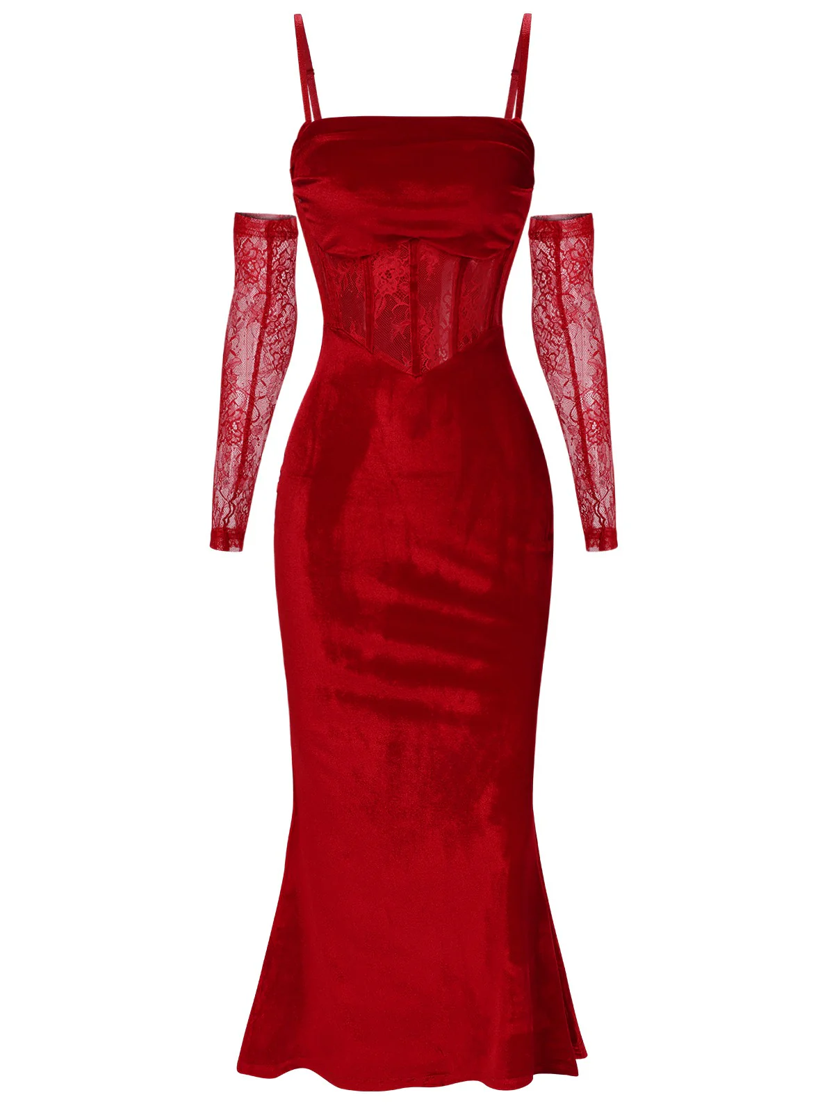 1930s Solid Lace Patchwork Velvet Fishtail Dress - Image 4