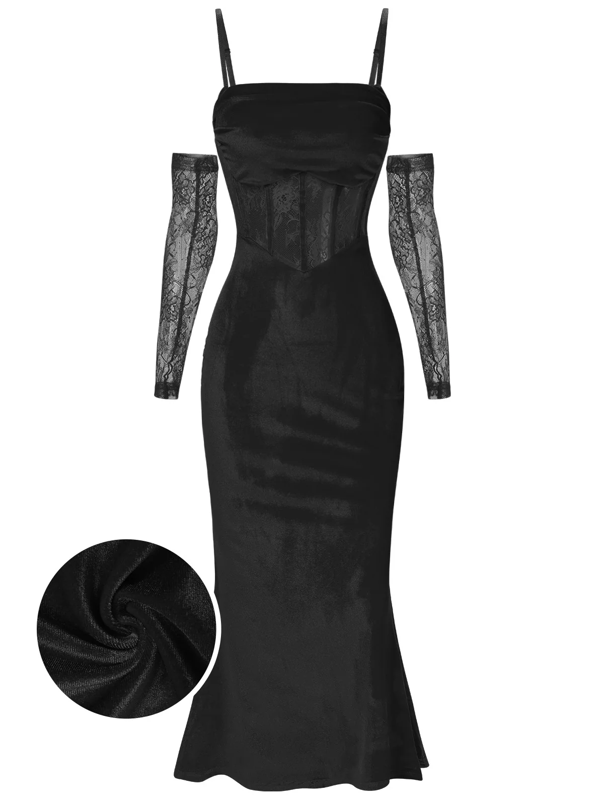 1930s Solid Lace Patchwork Velvet Fishtail Dress - Image 7