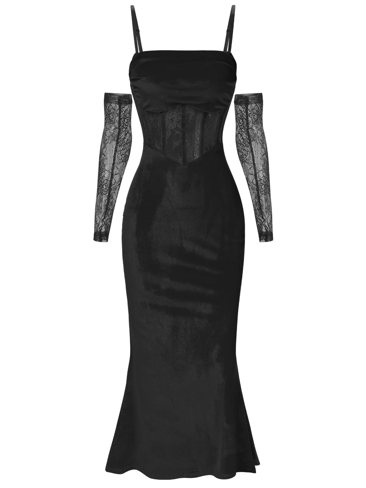 1930s Solid Lace Patchwork Velvet Fishtail Dress - Image 8