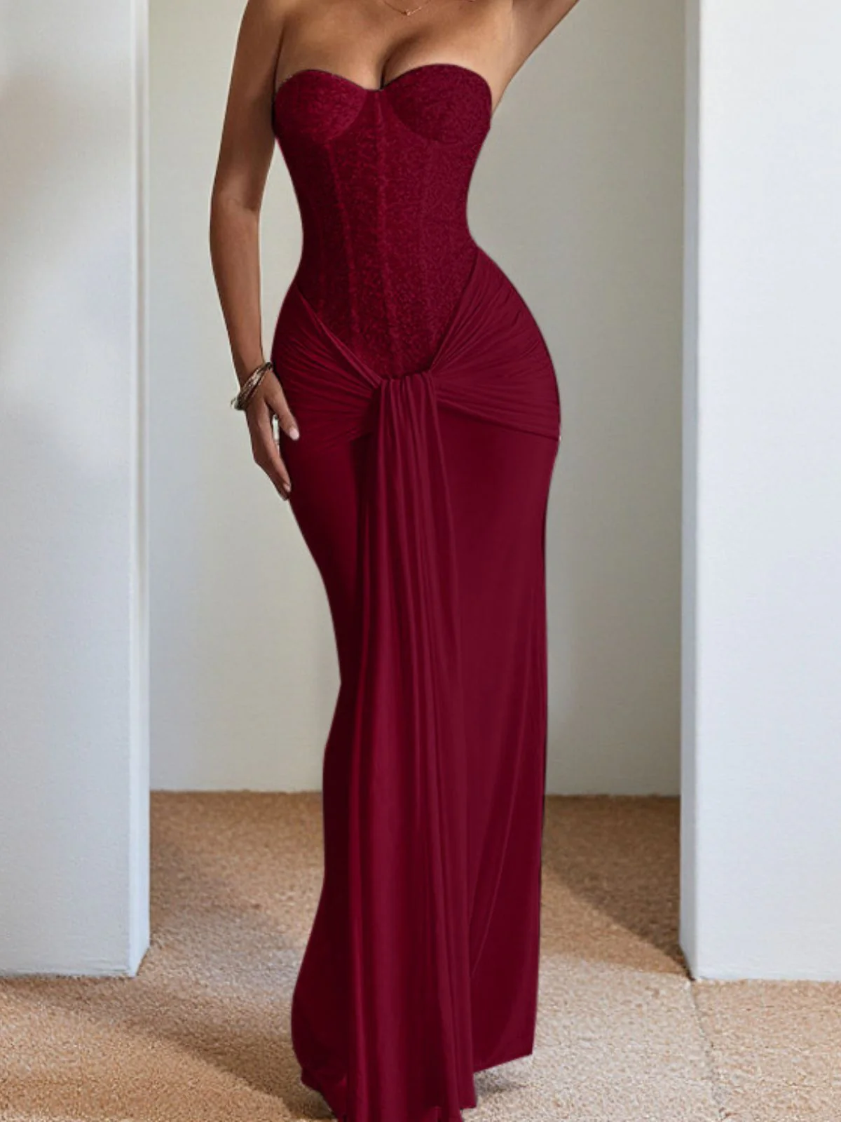 1930s Solid Lace-Up Strapless Maxi Dress - Image 12