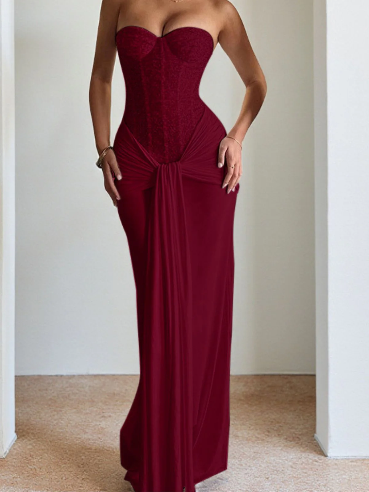 1930s Solid Lace-Up Strapless Maxi Dress - Image 13