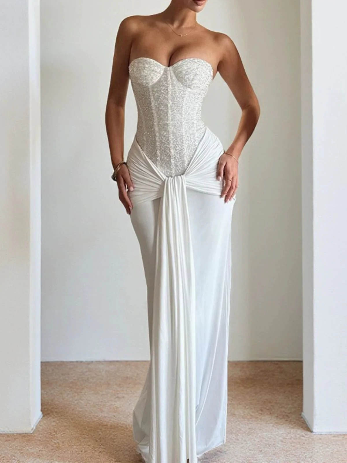 1930s Solid Lace-Up Strapless Maxi Dress - Image 5