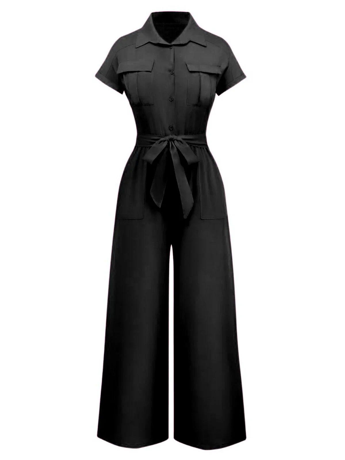 1930s Solid Lapel Button Belted Cargo Jumpsuit - Image 6