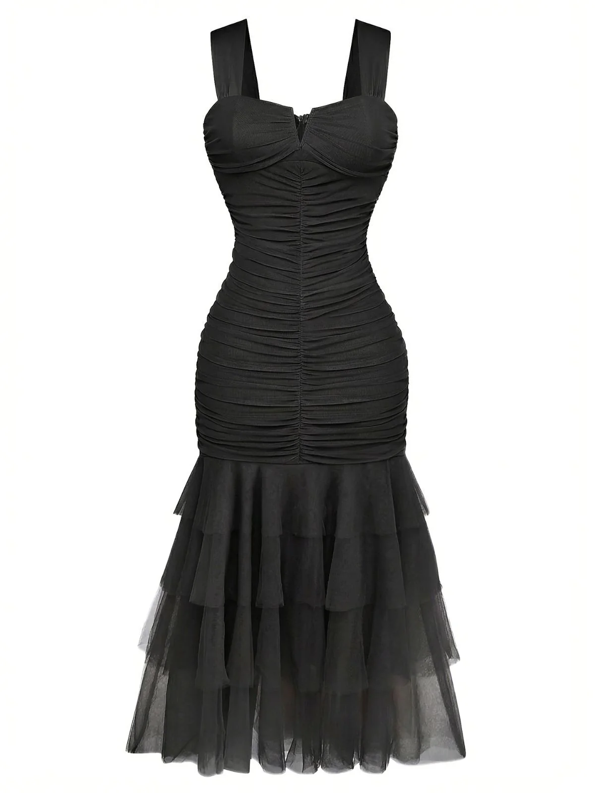 1930s Solid Mesh Patchwork Ruched Bodycon Dress - Image 8