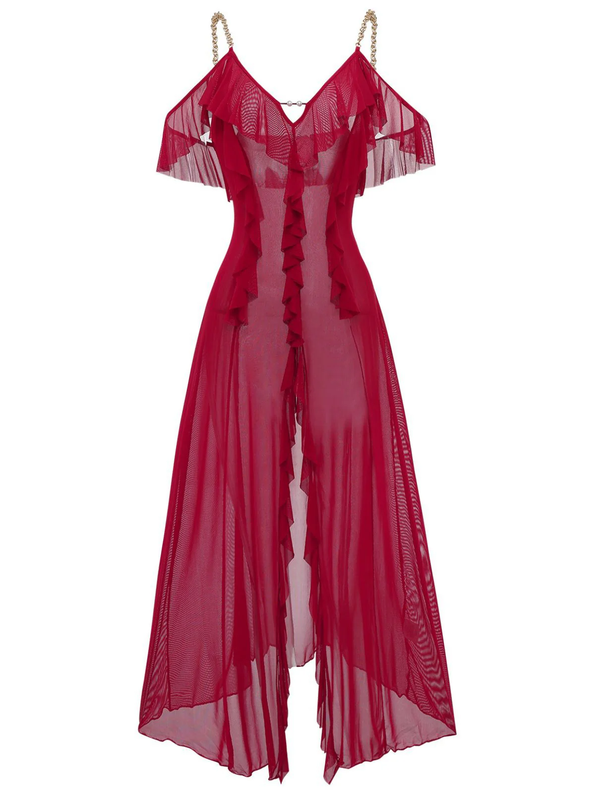 1930s Solid Mesh Ruffle Cold-Shoulder Slit Nightdress - Image 2