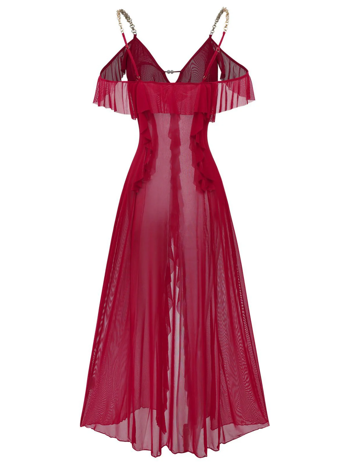 1930s Solid Mesh Ruffle Cold-Shoulder Slit Nightdress - Image 3
