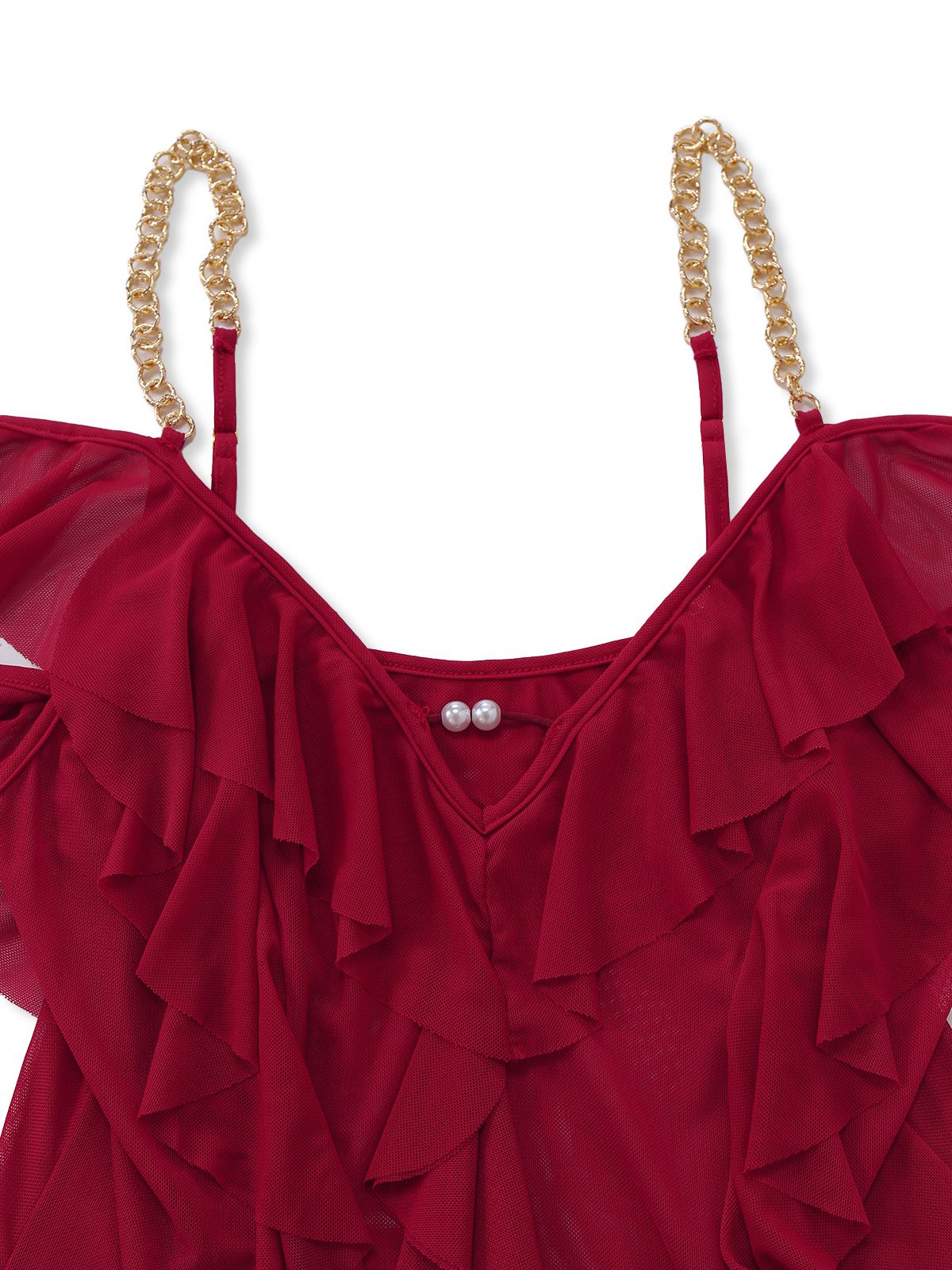 1930s Solid Mesh Ruffle Cold-Shoulder Slit Nightdress - Image 4