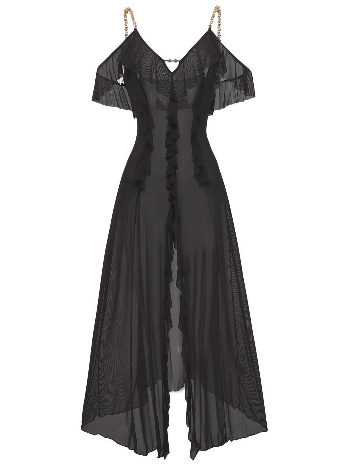 1930s Solid Mesh Ruffle Cold-Shoulder Slit Nightdress - Image 8
