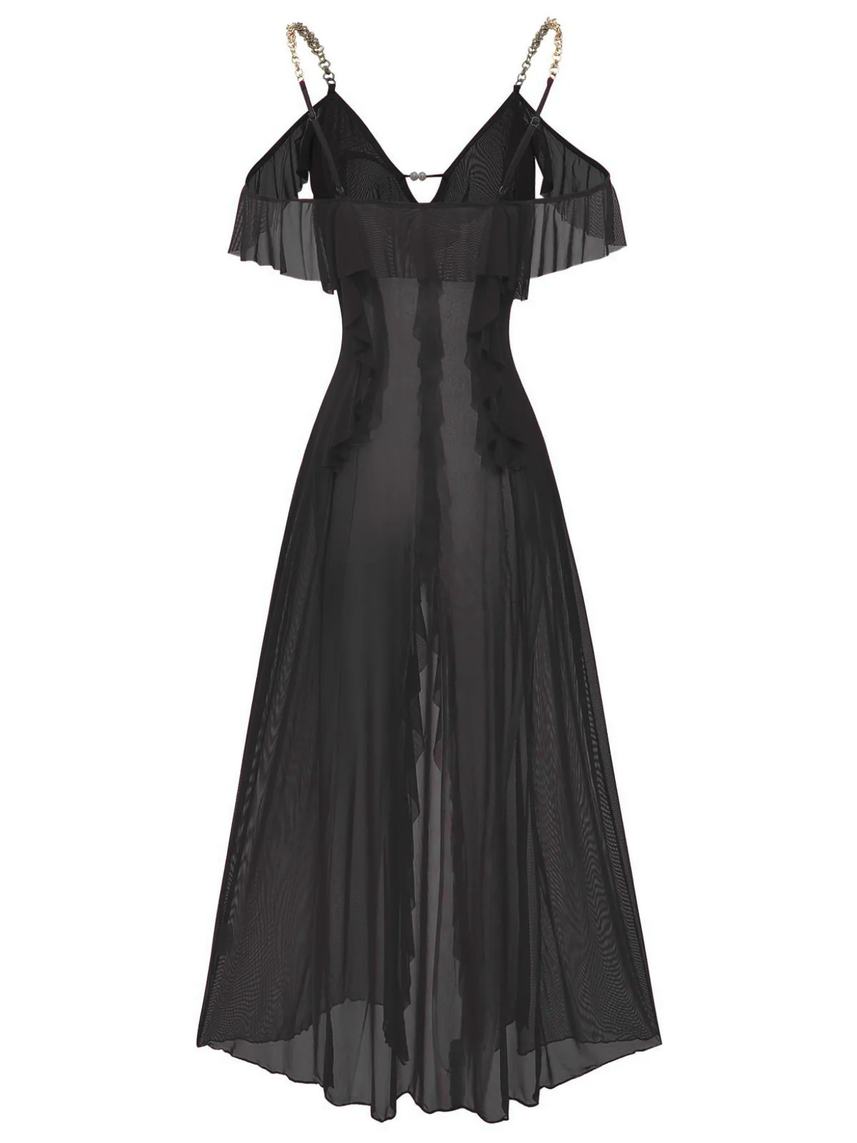 1930s Solid Mesh Ruffle Cold-Shoulder Slit Nightdress - Image 9