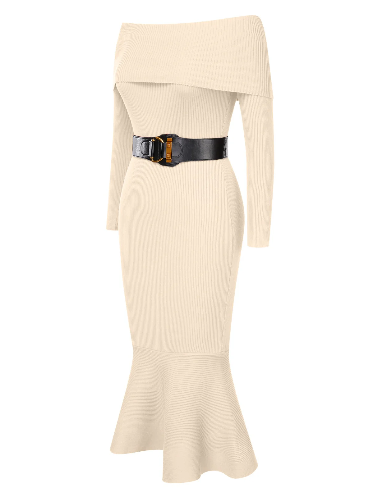 1930s Solid Off-Shoulder Knitted Fishtail Dress With Belt - Image 10