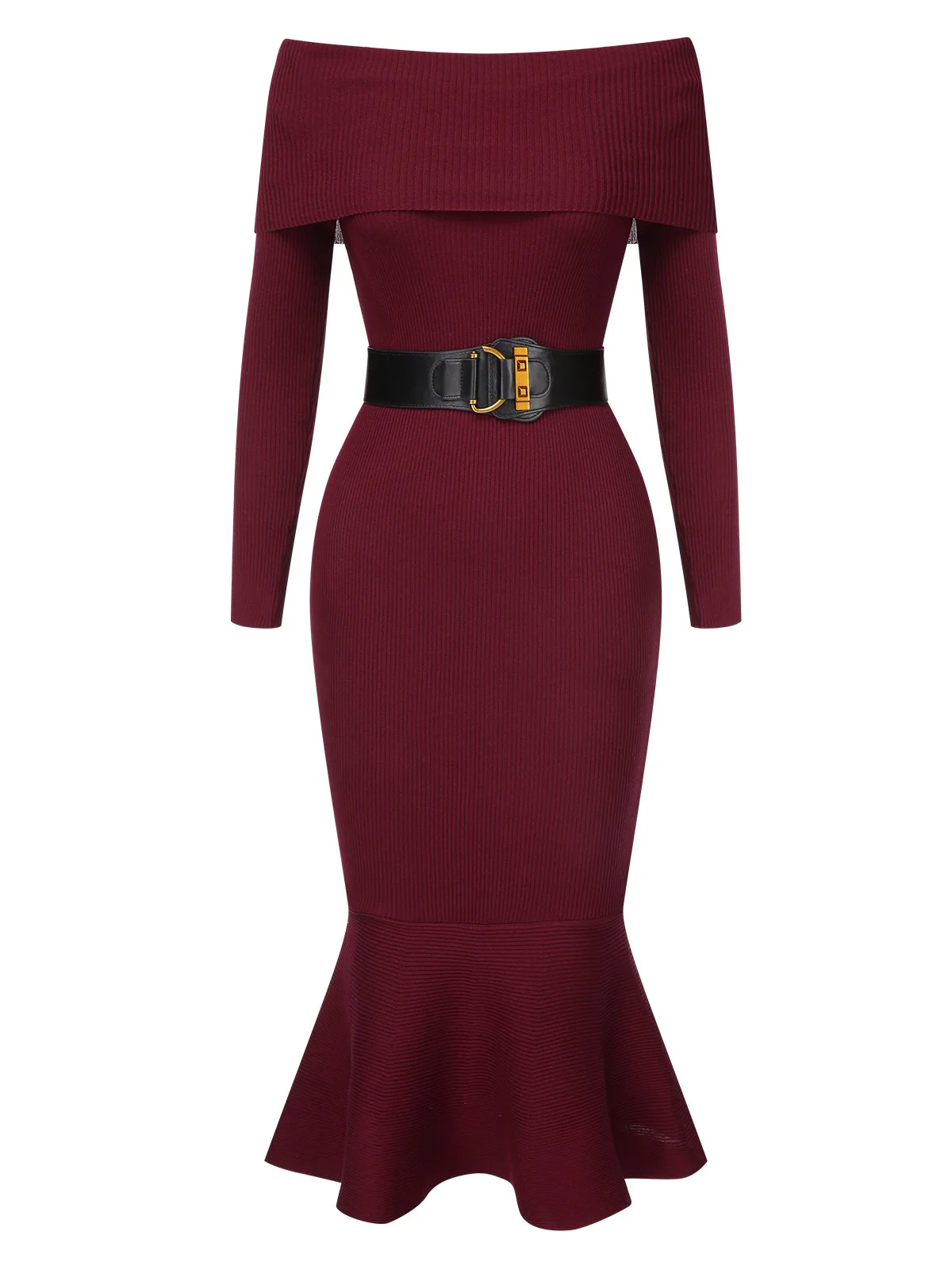 1930s Solid Off-Shoulder Knitted Fishtail Dress With Belt - Image 2