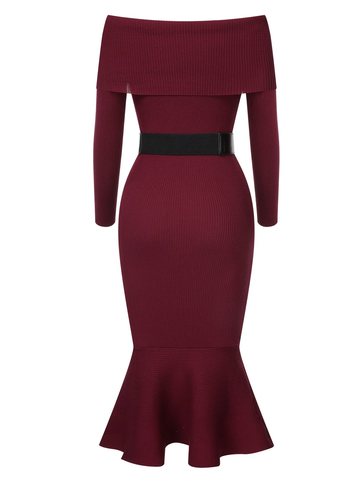 1930s Solid Off-Shoulder Knitted Fishtail Dress With Belt - Image 3